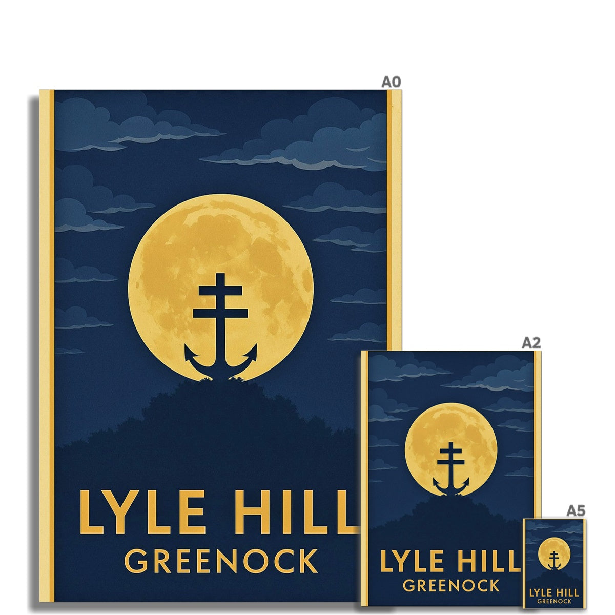 Lyle Hill Greenock ii fine art print featuring a nautical golden moon and anchor silhouette on navy background framed in gold