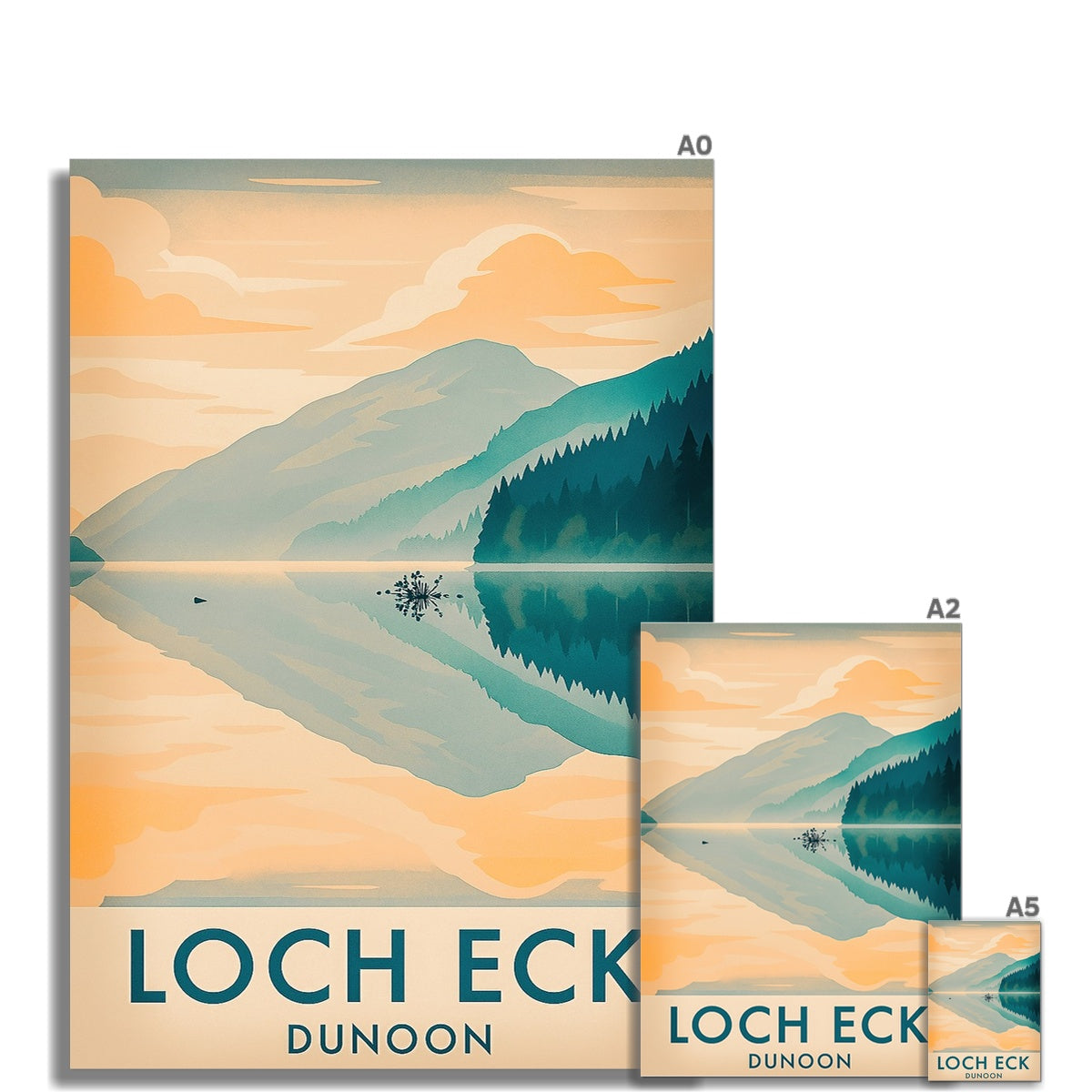 Loch Eck fine art print vintage travel poster with serene lake and mountains under orange and teal sky