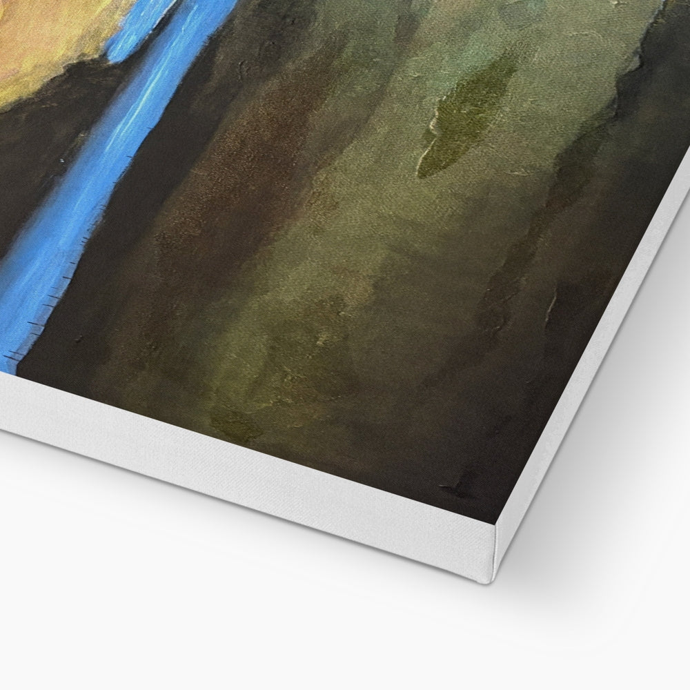 Castle Stalker Glow canvas print with earthy green brown textured brushstrokes and bold blue stripe