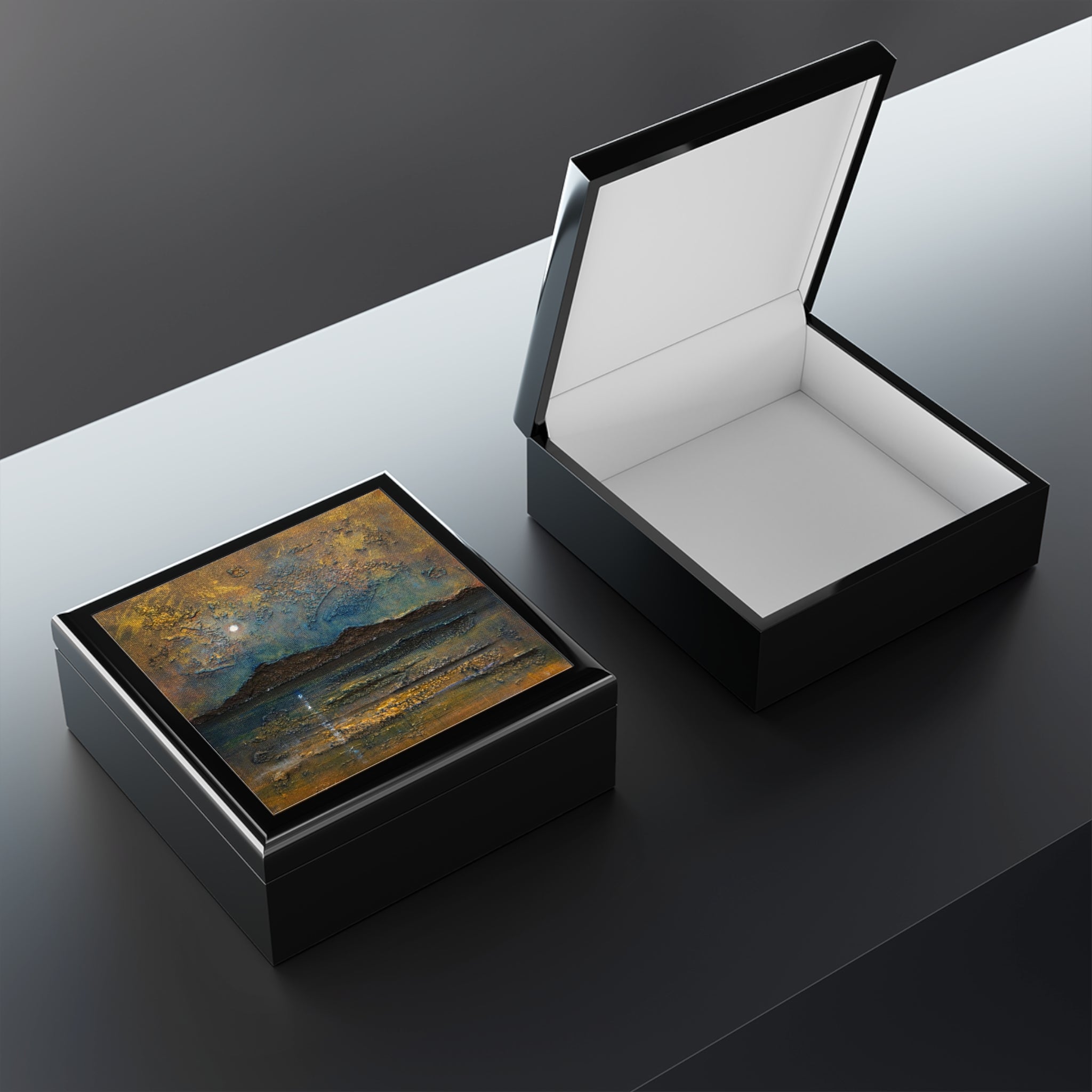 Arran Moonlight jewelry box with black lacquer, gold teal lid, open white interior