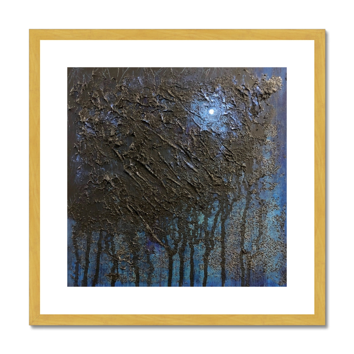 The Blue Moon Wood Abstract Painting | Antique Framed & Mounted Prints From Scotland-Antique Framed & Mounted Prints-Abstract & Impressionistic Art Gallery-20"x20"-Gold Frame-Paintings, Prints, Homeware, Art Gifts From Scotland By Scottish Artist Kevin Hunter