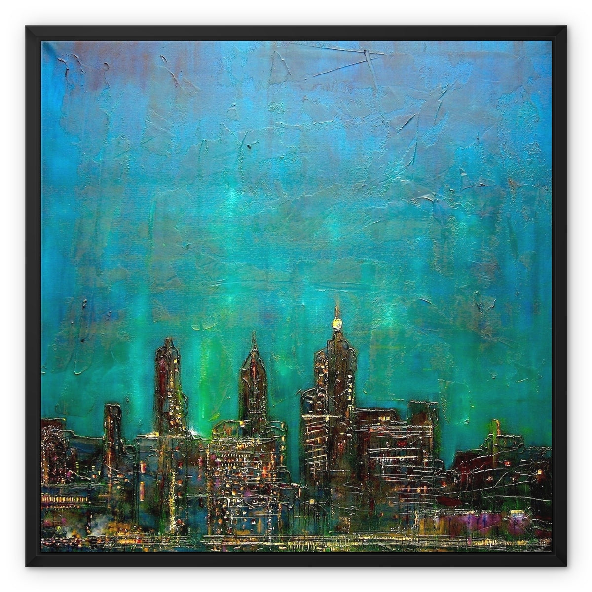 New York Nights Painting | Framed Canvas From Scotland-Floating Framed Canvas Prints-World Art Gallery-24"x24"-Black Frame-Paintings, Prints, Homeware, Art Gifts From Scotland By Scottish Artist Kevin Hunter