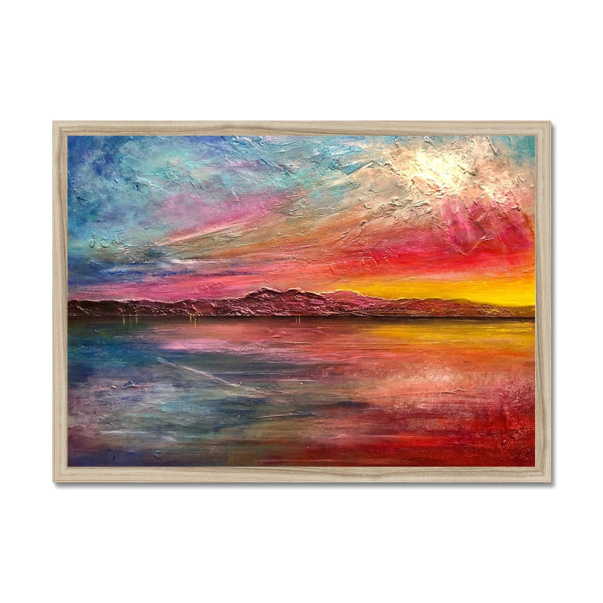 Arran Sunset ii Painting | Framed Prints From Scotland-Framed Prints-Arran Art Gallery-A2 Landscape-Natural Frame-Paintings, Prints, Homeware, Art Gifts From Scotland By Scottish Artist Kevin Hunter