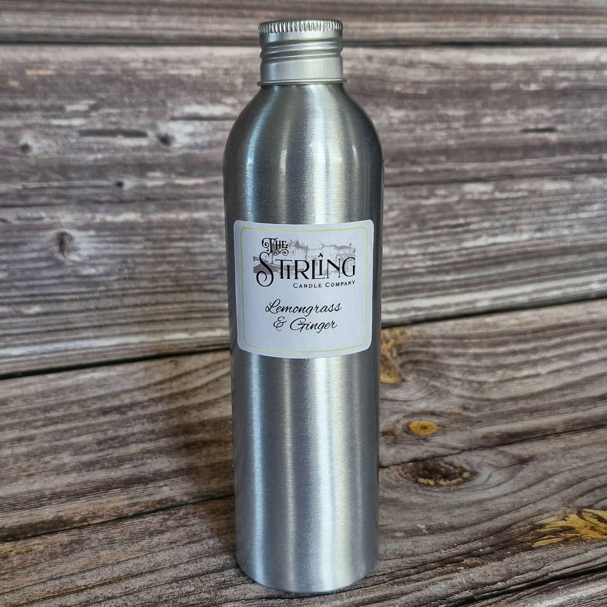Silver aluminum diffuser refill bottle with white lemongrass and ginger label from stirling candle company 250ml