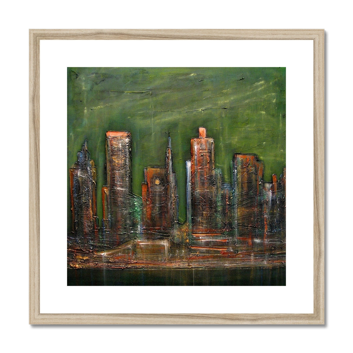 Green abstract New York cityscape in gold frame print