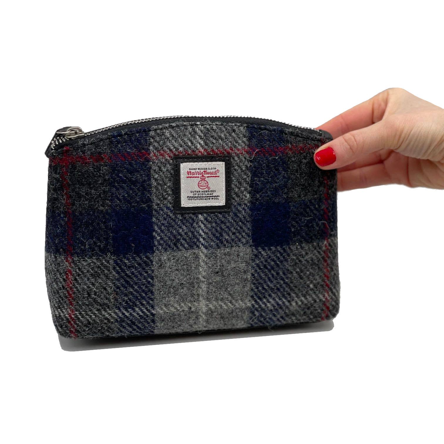 Harris tweed cosmetic bag blue check with navy gray and maroon plaid fabric and silver zipper closure