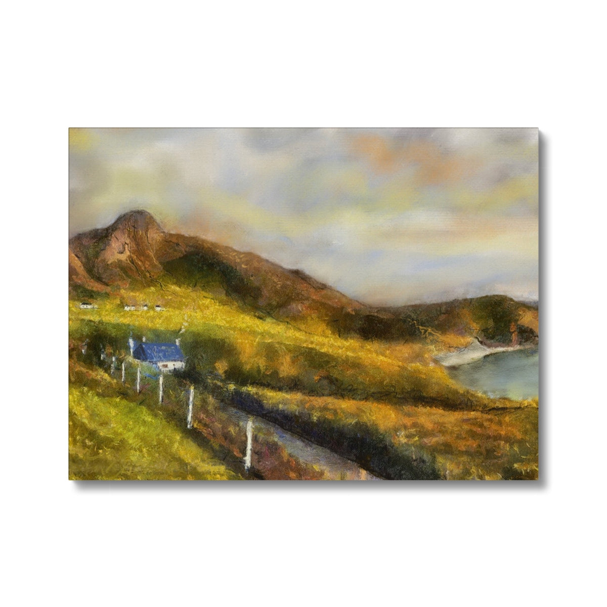 Achiltibuie Canvas: Blue and white house with green roof on grassy hills