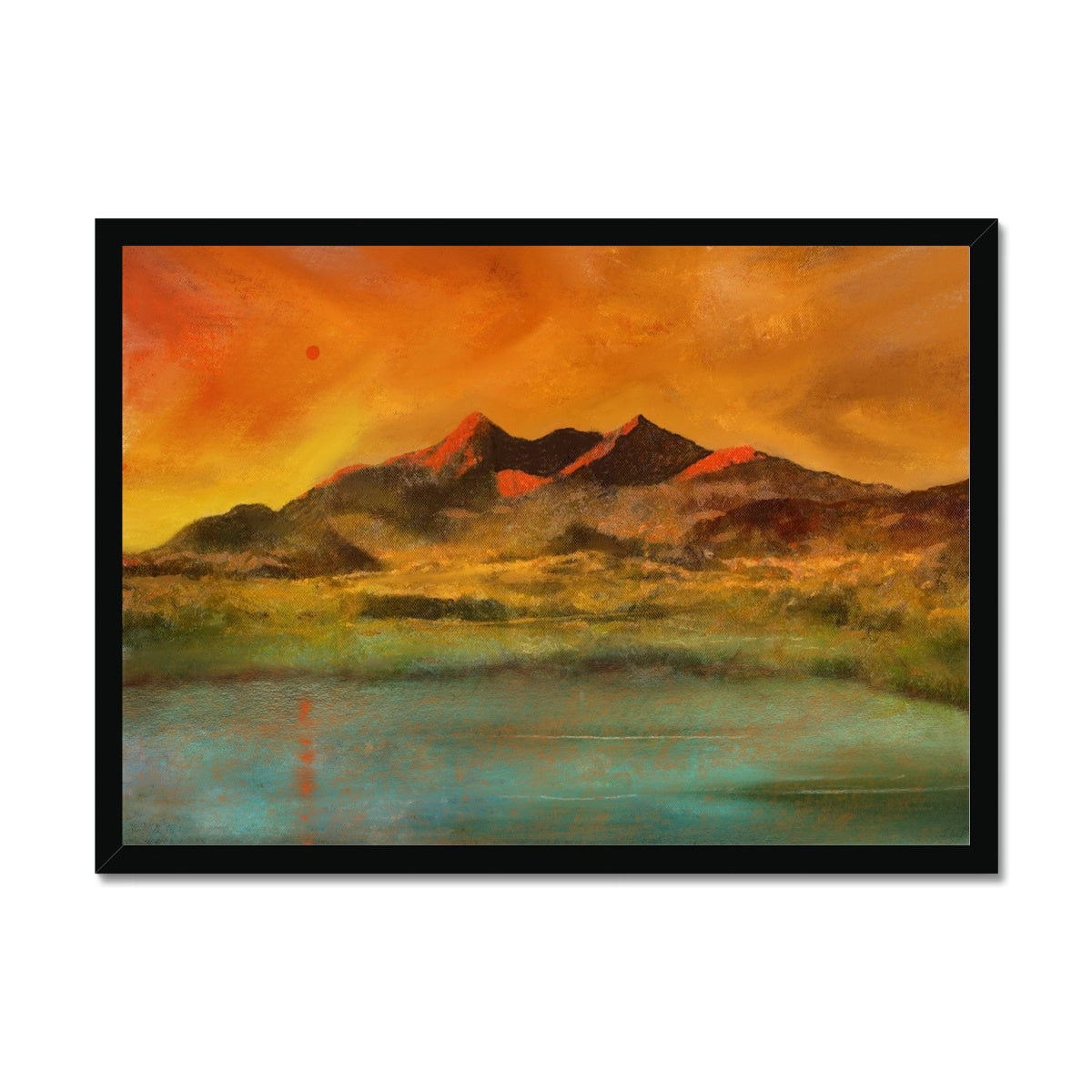 Skye Red Moon Cuillin Painting | Framed Prints From Scotland-Framed Prints-Skye Art Gallery-A2 Landscape-Black Frame-Paintings, Prints, Homeware, Art Gifts From Scotland By Scottish Artist Kevin Hunter