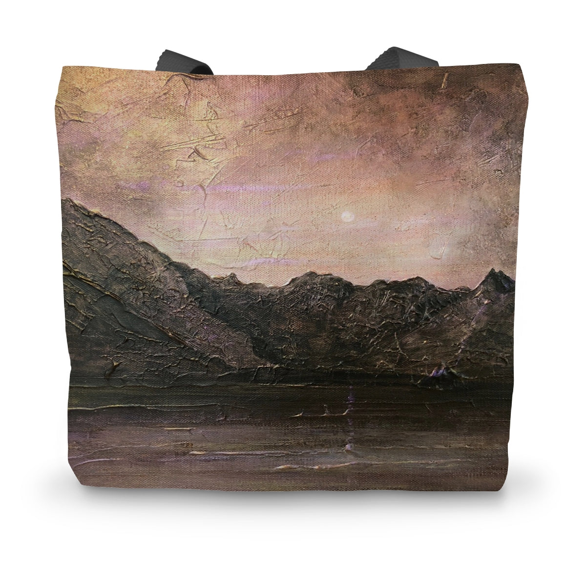 Dubh Ridge Moonlight textured tote bag with painted mountain landscape