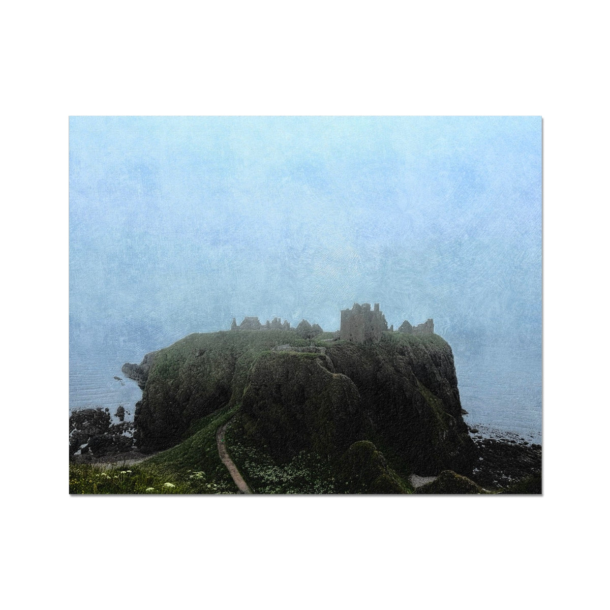 Dunnottar Castle in misty fog on rocky island, Hahnemühle etching print
