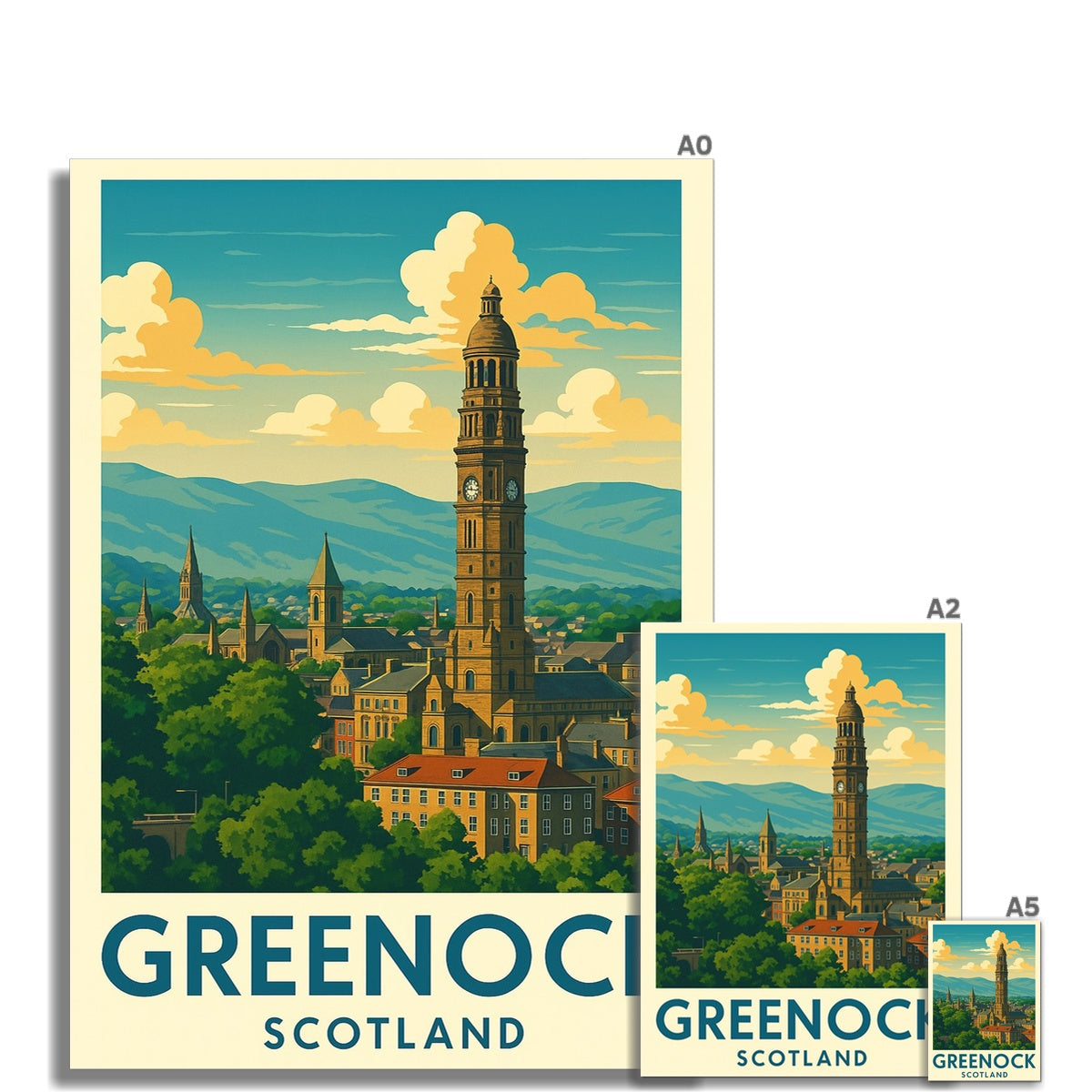 Vintage-style greenock skyline fine art print featuring a brown clock tower against a blue sky with yellow clouds