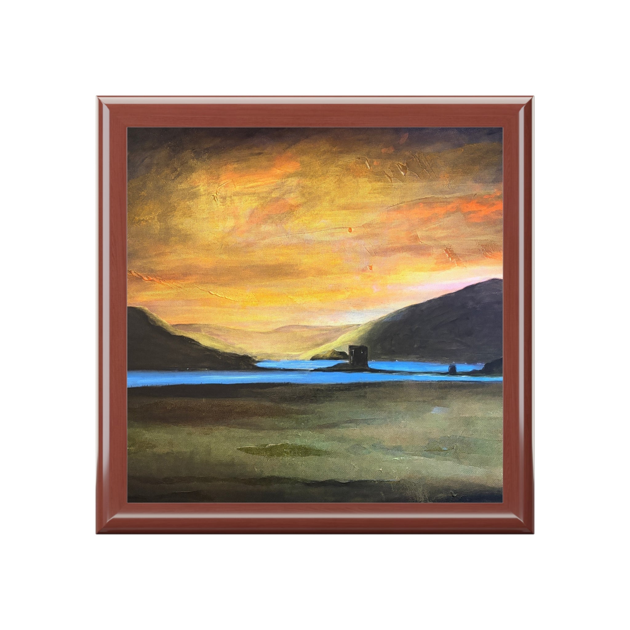 Castle Stalker Glow jewelry box with serene orange sky painting