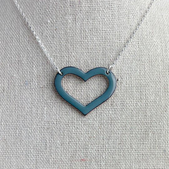 Grey Heart Necklace with teal enamel heart pendant on silver chain