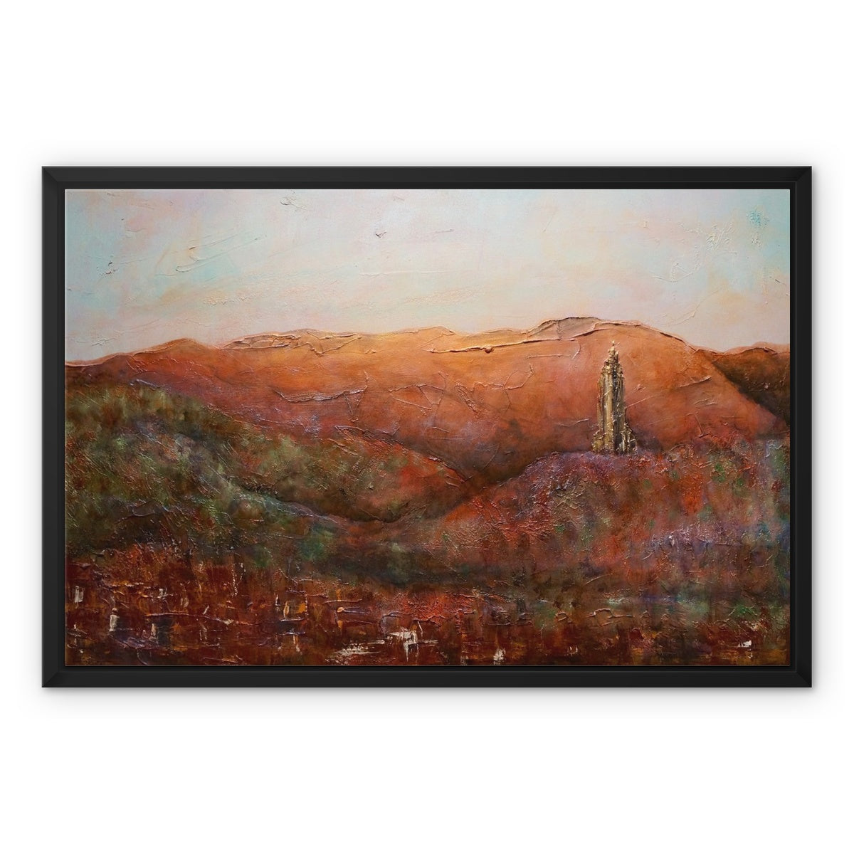 The Wallace Monument Painting | Framed Canvas From Scotland-Floating Framed Canvas Prints-Historic & Iconic Scotland Art Gallery-24"x18"-Black Frame-Paintings, Prints, Homeware, Art Gifts From Scotland By Scottish Artist Kevin Hunter