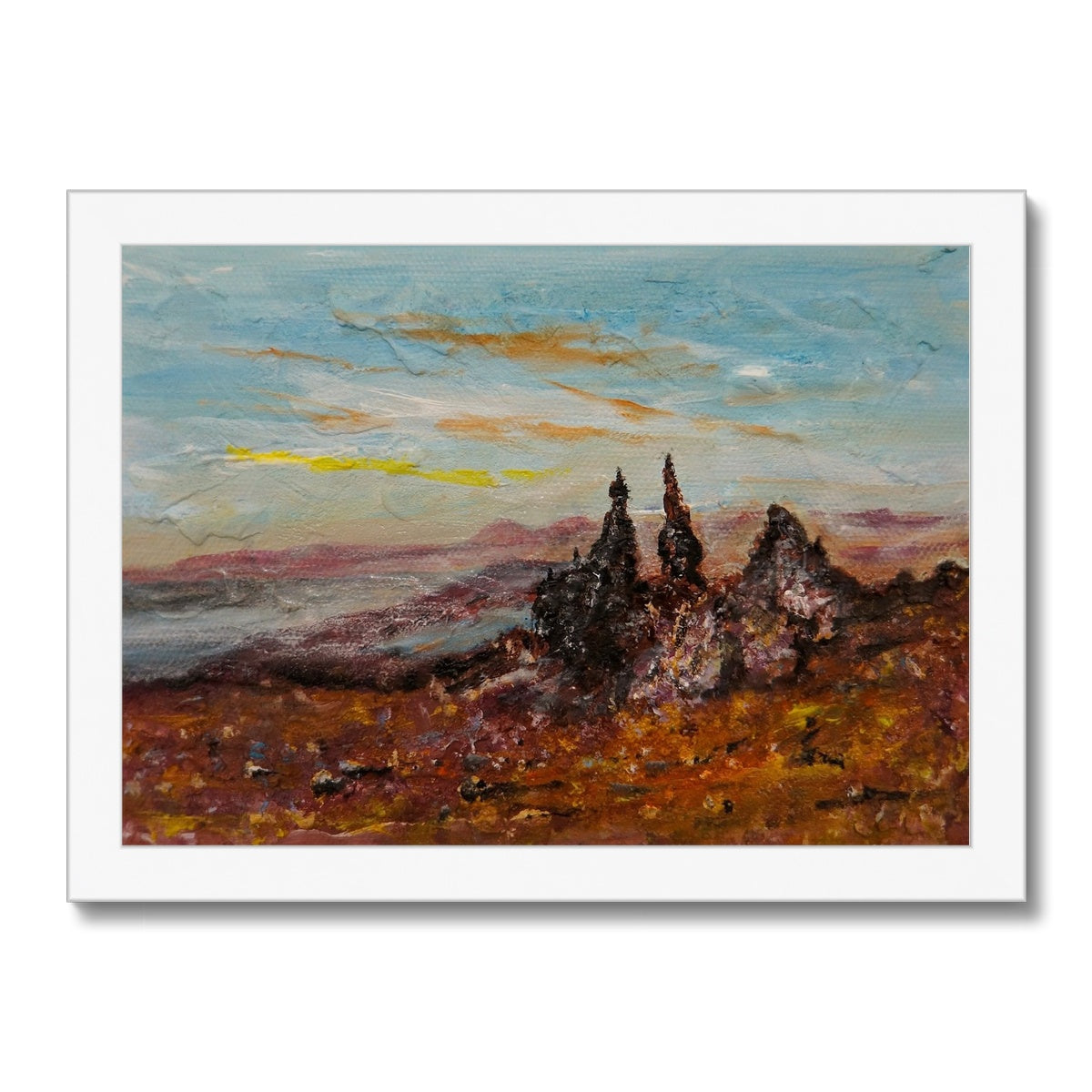 The Storr Skye Painting | Framed Prints From Scotland-Framed Prints-Skye Art Gallery-A4 Landscape-White Frame-Paintings, Prints, Homeware, Art Gifts From Scotland By Scottish Artist Kevin Hunter