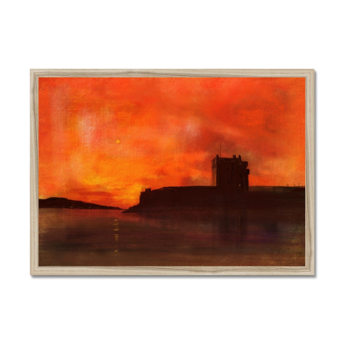 Broughty Castle Sunset Painting | Framed Prints From Scotland-Framed Prints-Historic & Iconic Scotland Art Gallery-A2 Landscape-Natural Frame-Paintings, Prints, Homeware, Art Gifts From Scotland By Scottish Artist Kevin Hunter