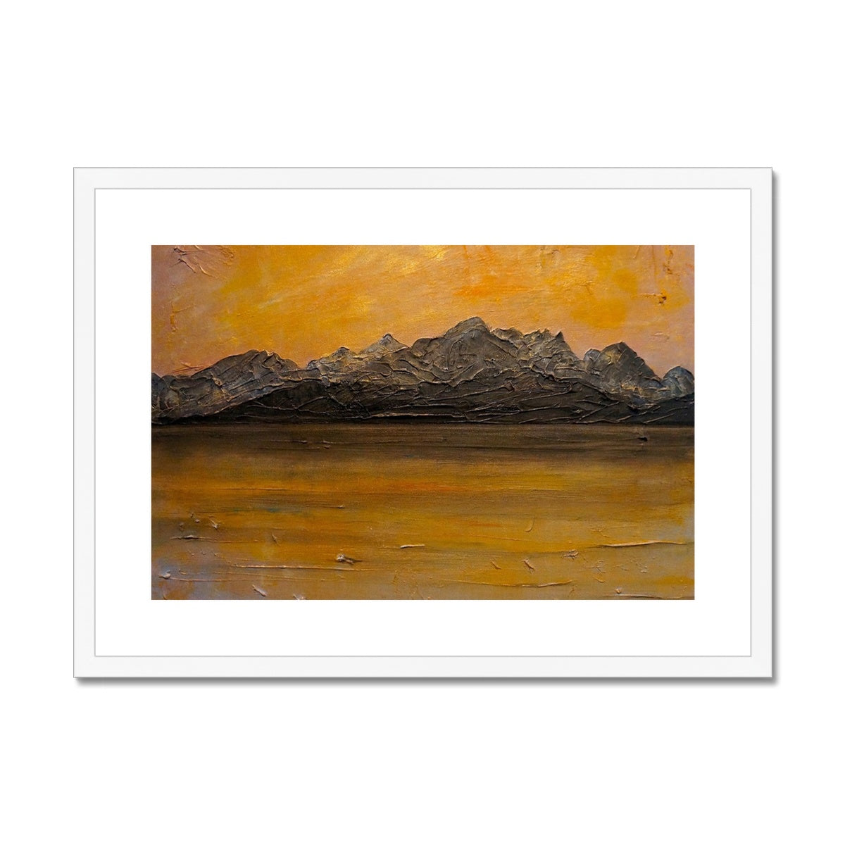 Cuillin Sunset Skye Painting | Framed & Mounted Prints From Scotland-Framed & Mounted Prints-Skye Art Gallery-A2 Landscape-White Frame-Paintings, Prints, Homeware, Art Gifts From Scotland By Scottish Artist Kevin Hunter