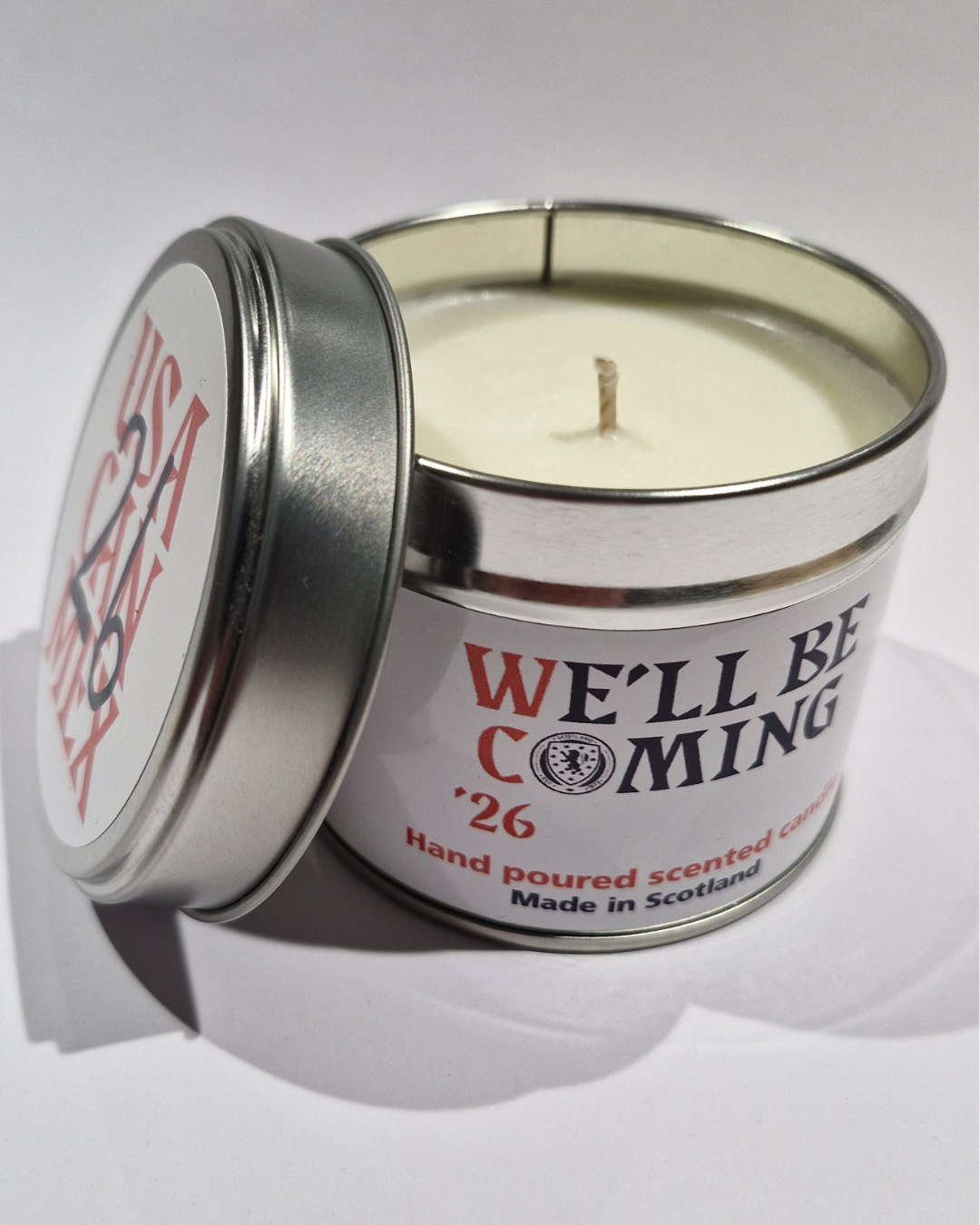 Official Scotland national football team silver tin candle with white wax and we’ll be coming 26 label featuring Scottish crest