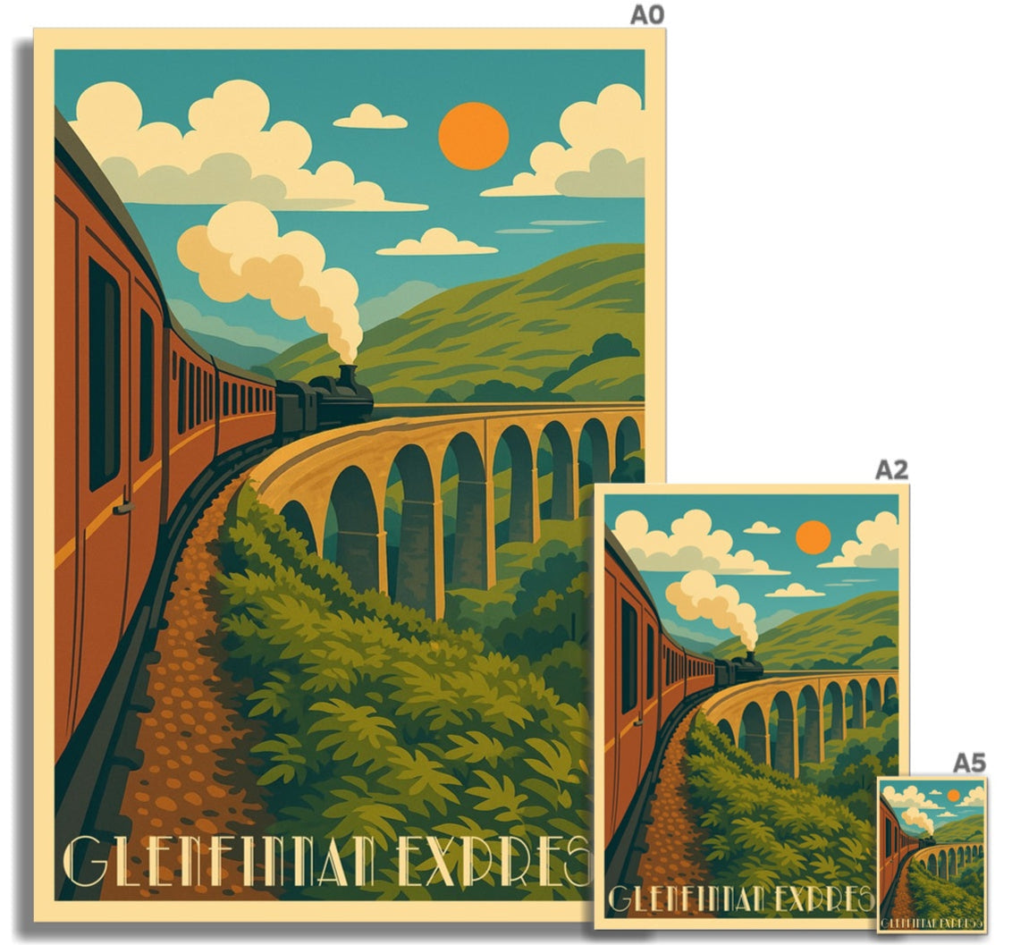 Vintage-style illustrated fine art print of a steam train on the Glenfinnan viaduct in warm earth tones and soft greens