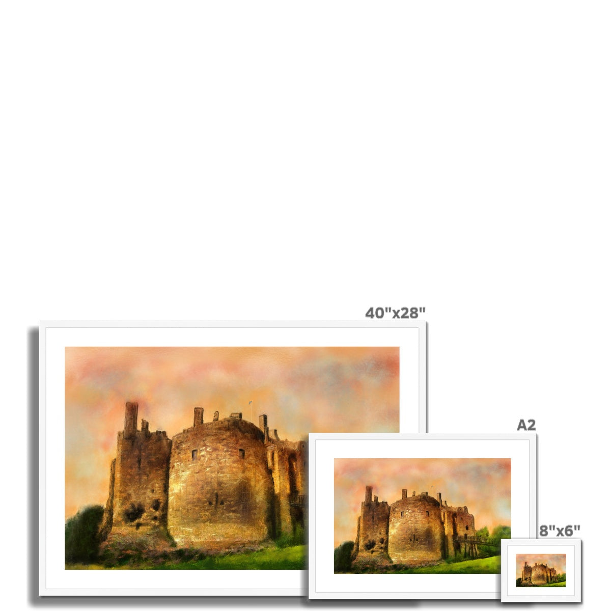 Dirleton Castle & Gardens framed print, 40x28 inches, golden hue, textured stone