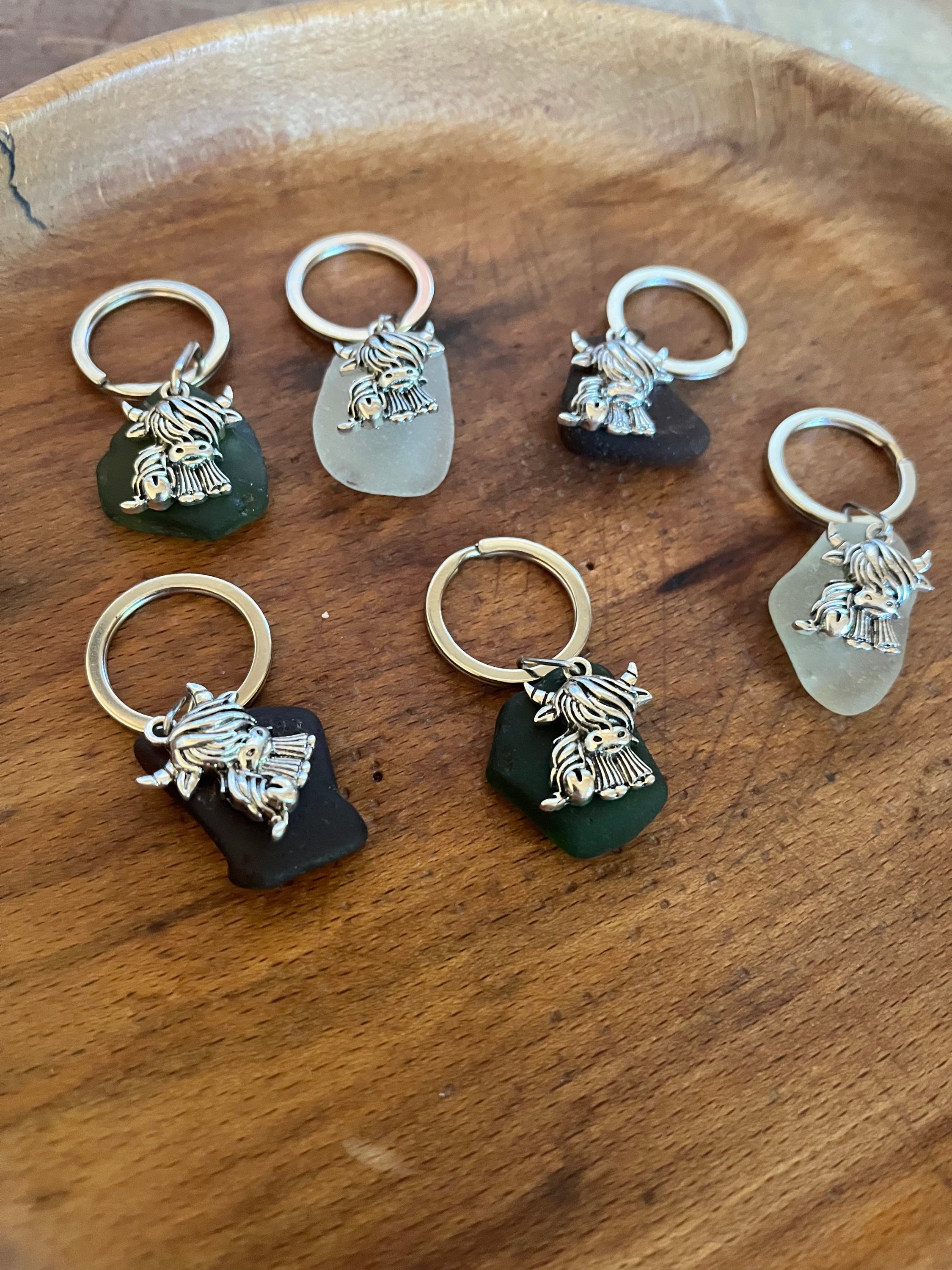 Scottish Highland Cow seaglass keyrings with silver horse charms