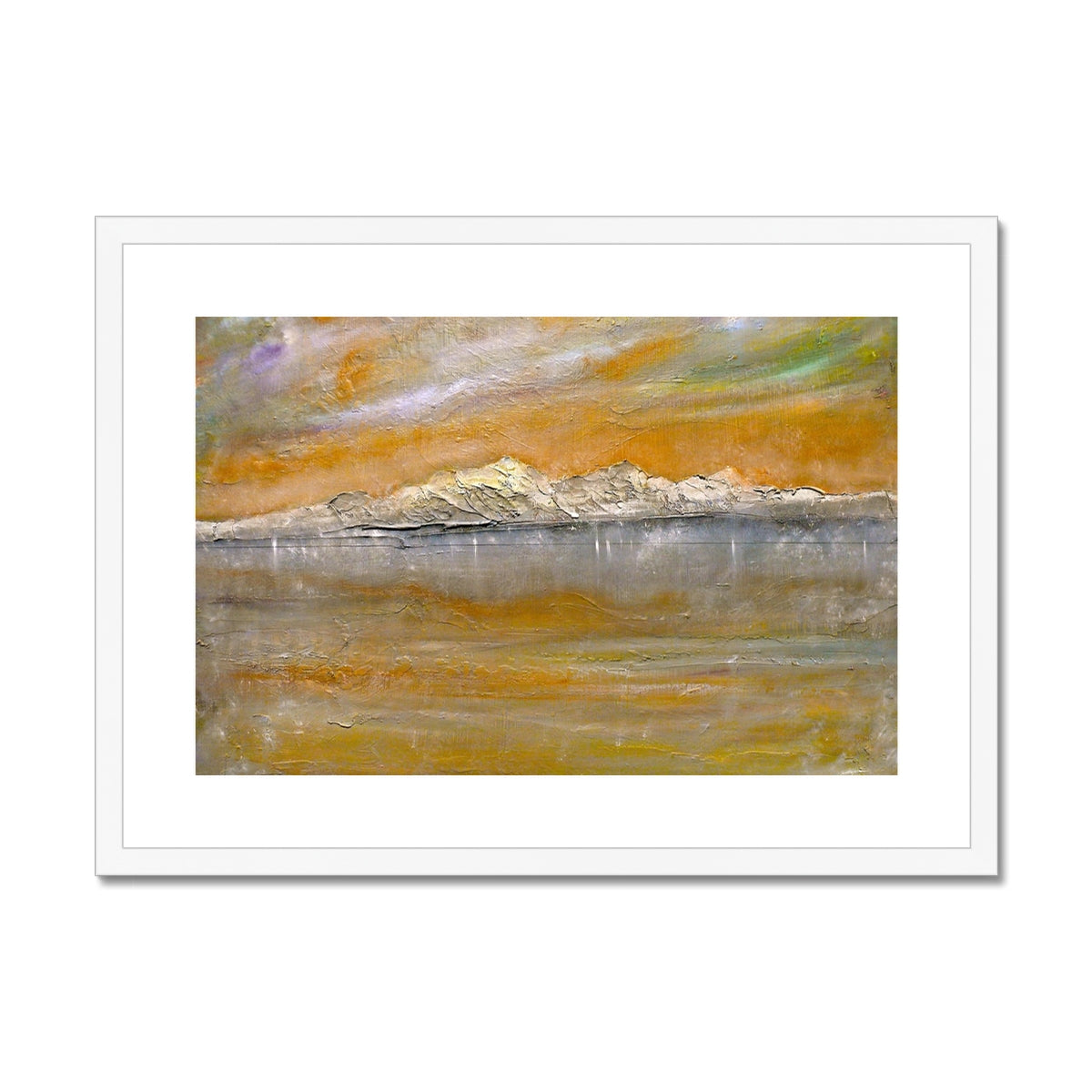 Arran Snow Painting | Framed & Mounted Prints From Scotland-Framed & Mounted Prints-Arran Art Gallery-A2 Landscape-White Frame-Paintings, Prints, Homeware, Art Gifts From Scotland By Scottish Artist Kevin Hunter