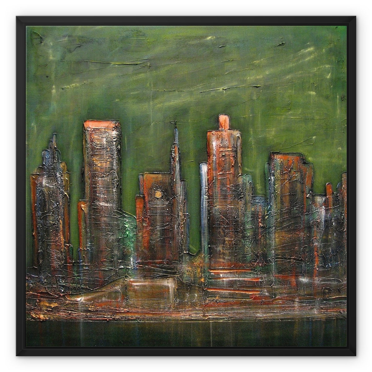 A Neon New York Painting | Framed Canvas From Scotland-Floating Framed Canvas Prints-World Art Gallery-24"x24"-Black Frame-Paintings, Prints, Homeware, Art Gifts From Scotland By Scottish Artist Kevin Hunter