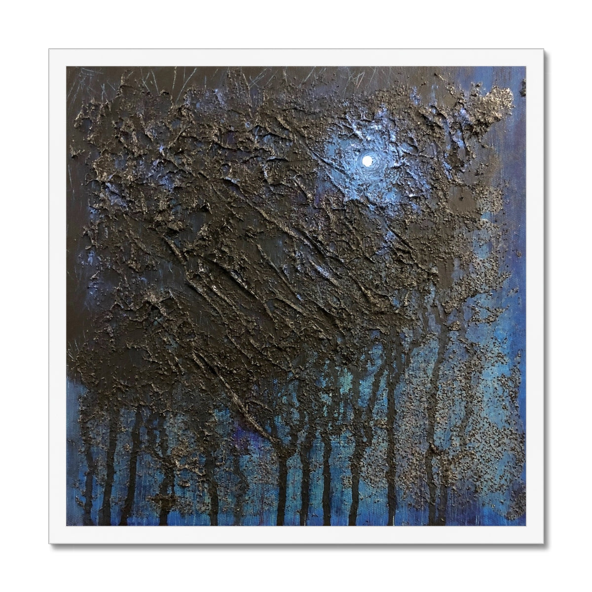 The Blue Moon Wood Abstract Painting | Framed Prints From Scotland-Framed Prints-Abstract & Impressionistic Art Gallery-20"x20"-White Frame-Paintings, Prints, Homeware, Art Gifts From Scotland By Scottish Artist Kevin Hunter