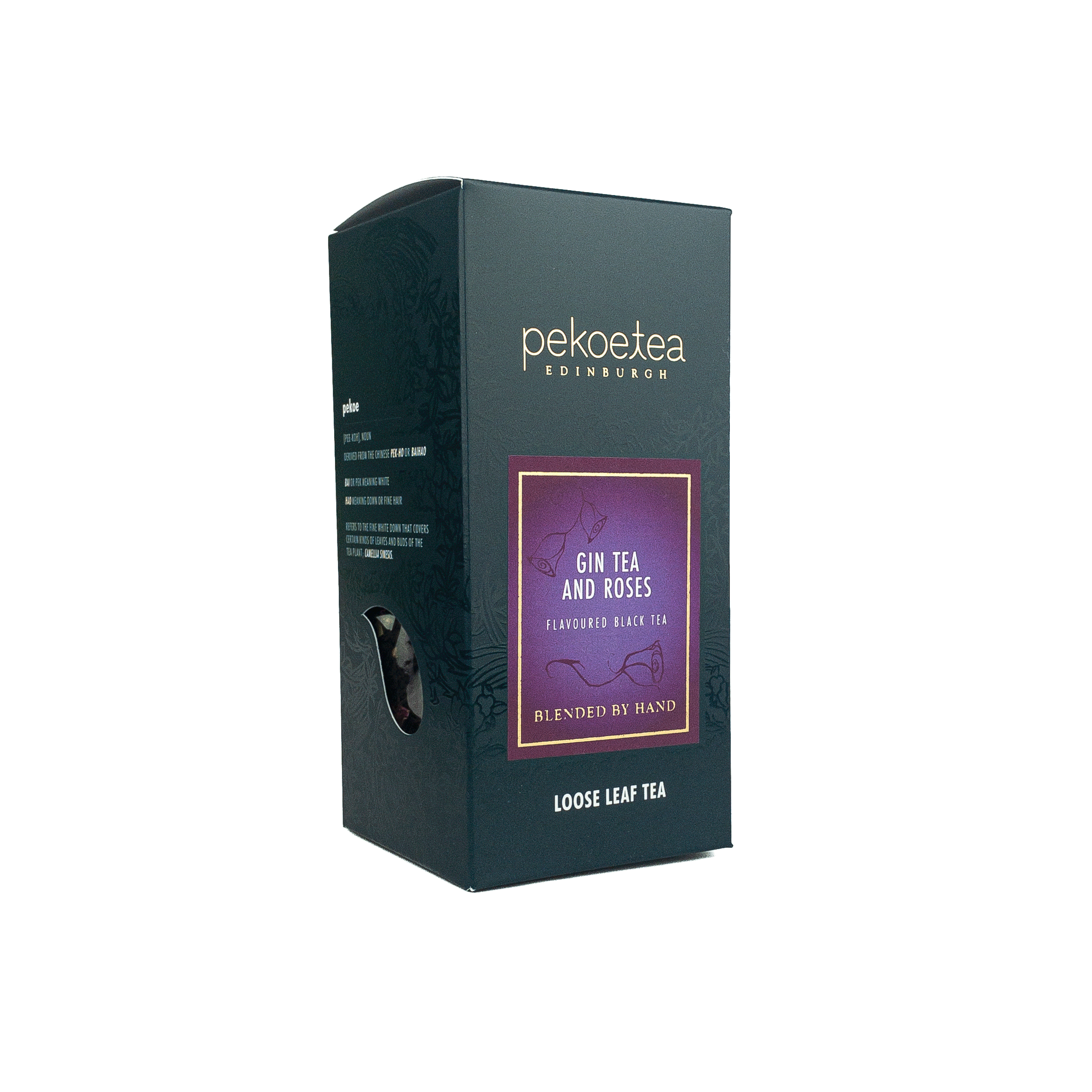 Dark green rectangular box of Pekoe Tea Edinburghs Gin and Roses black tea