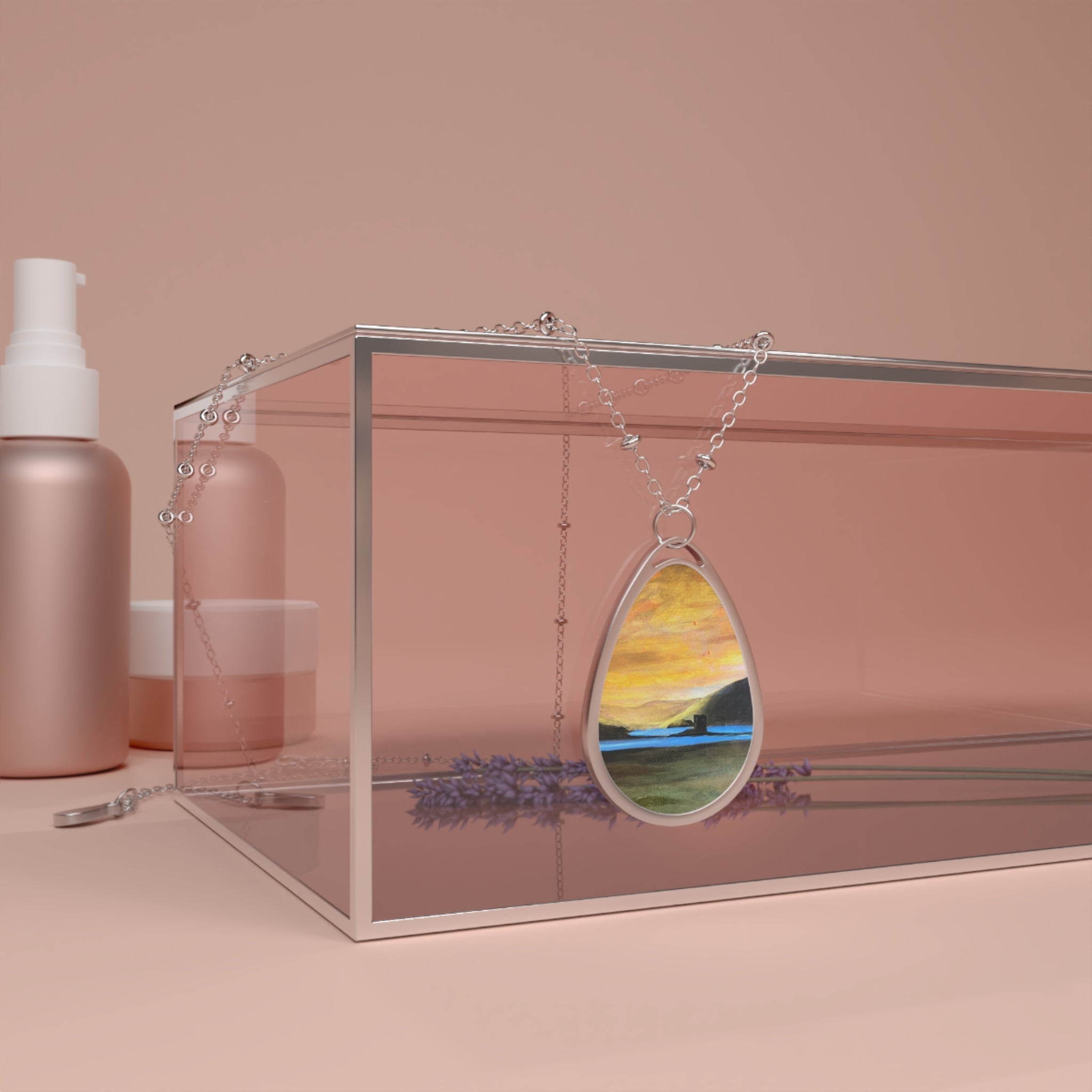 Castle Stalker Glow silver teardrop necklace with painted sunset in resin