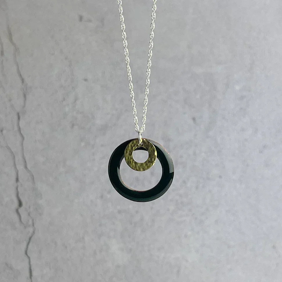 Bottle Green Hoop Enamel Necklace with silver chain and concentric circles pendant