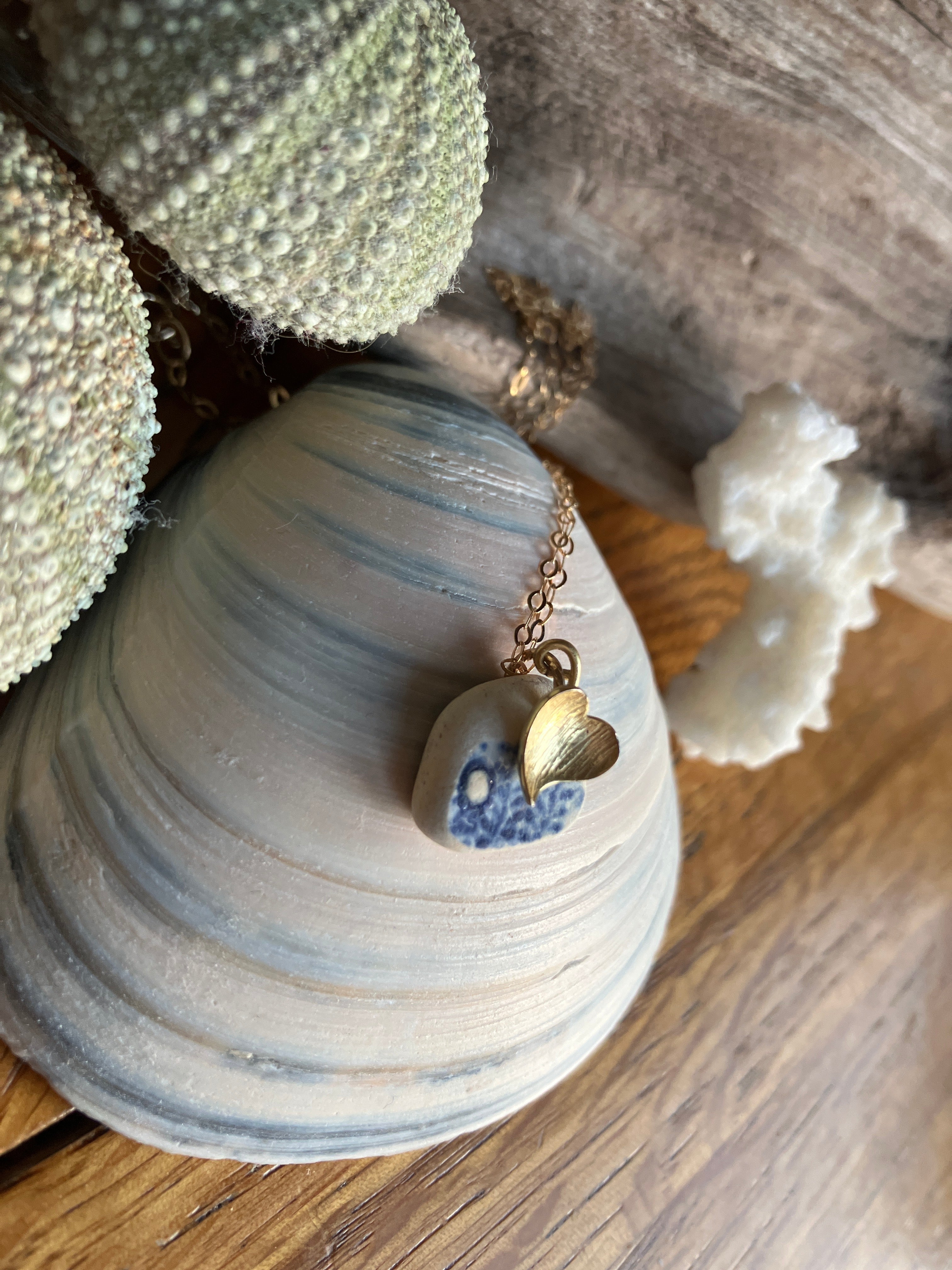 9ct gold heart and blue sea pottery necklace with clamshell pendant