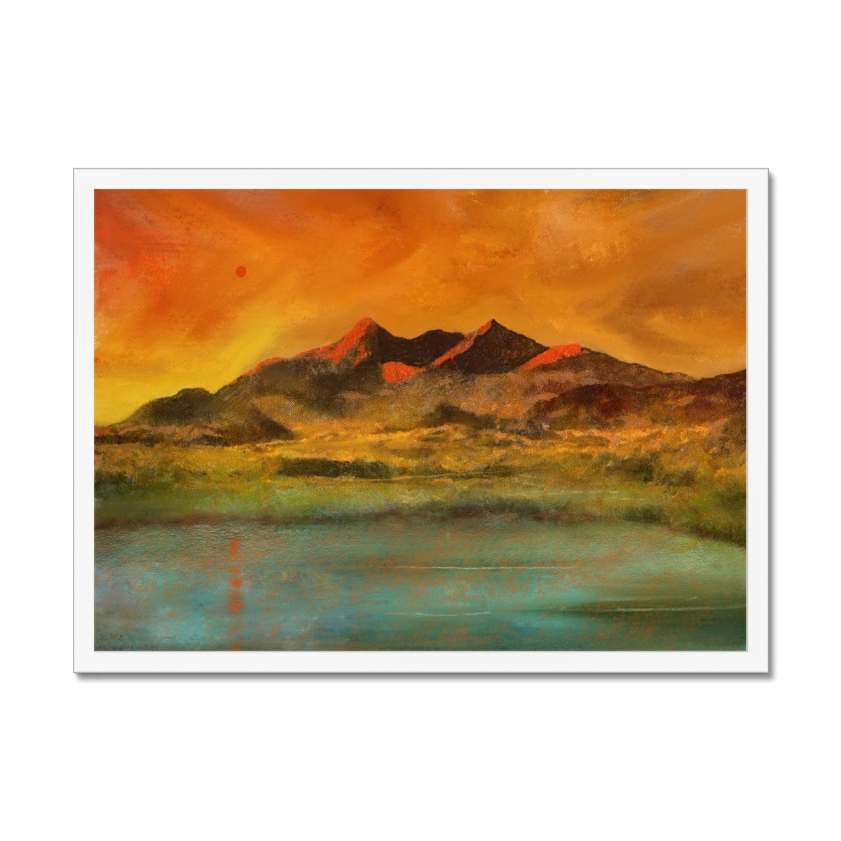 Skye Red Moon Cuillin Painting | Framed Prints From Scotland-Framed Prints-Skye Art Gallery-A2 Landscape-White Frame-Paintings, Prints, Homeware, Art Gifts From Scotland By Scottish Artist Kevin Hunter