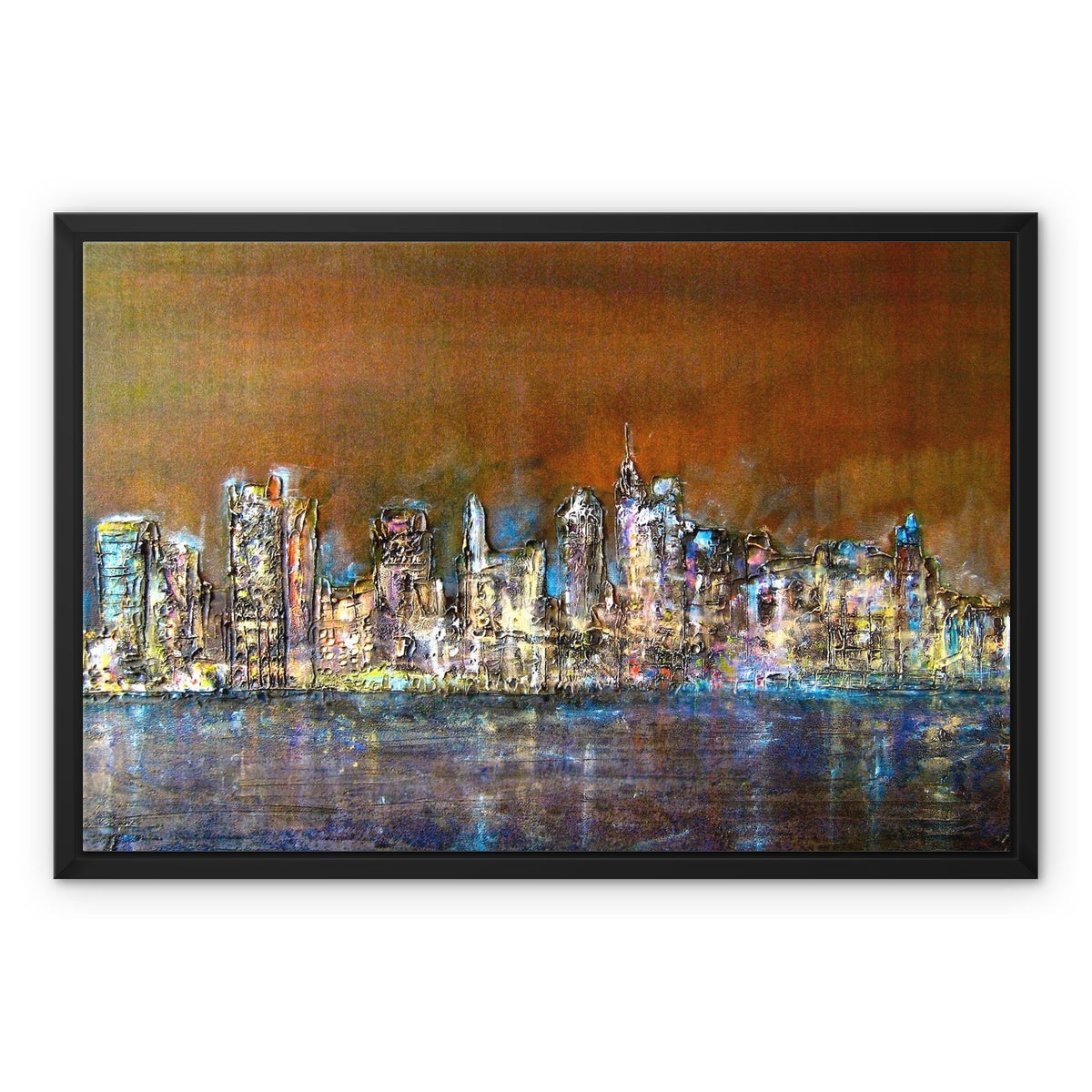 Manhattan Nights Painting | Framed Canvas From Scotland-Floating Framed Canvas Prints-World Art Gallery-24"x18"-Black Frame-Paintings, Prints, Homeware, Art Gifts From Scotland By Scottish Artist Kevin Hunter