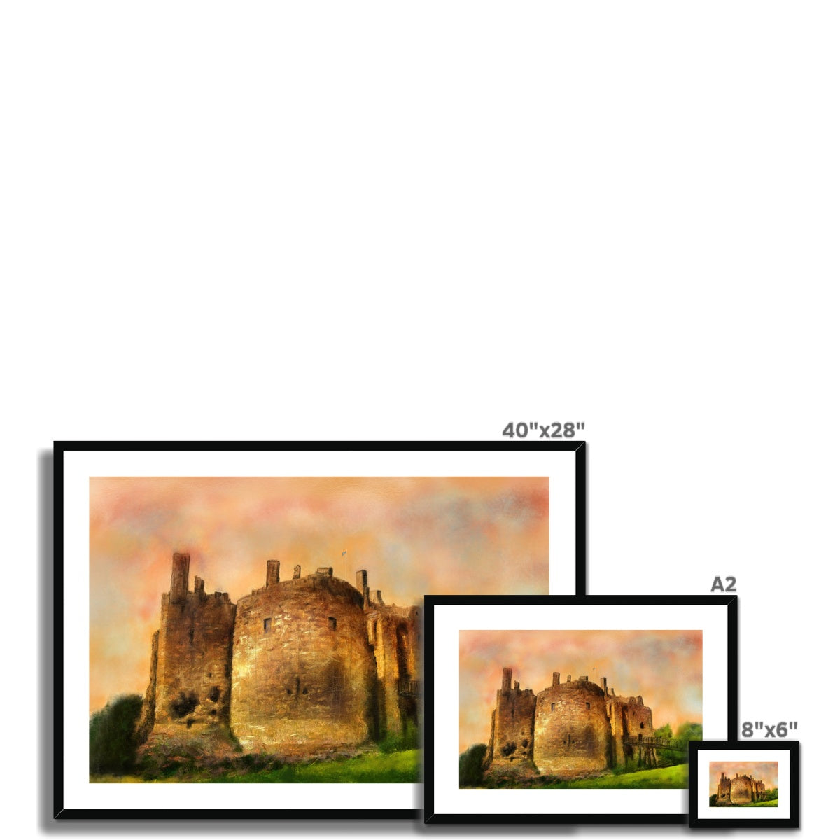 Dirleton Castle and Gardens framed print in 40x28 black frame with warm tones