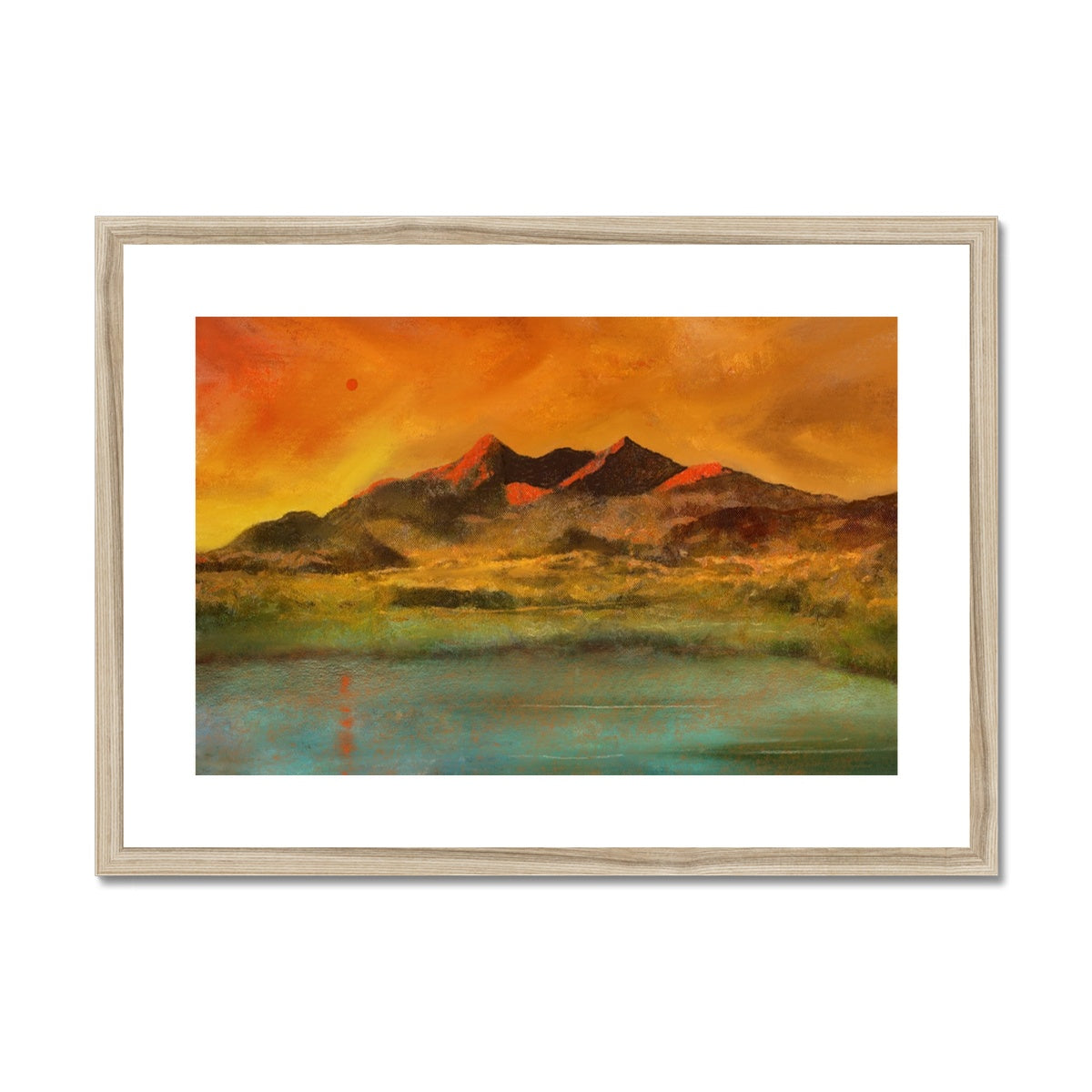 Skye Red Moon Cuillin Painting | Framed & Mounted Prints From Scotland-Framed & Mounted Prints-Skye Art Gallery-A2 Landscape-Natural Frame-Paintings, Prints, Homeware, Art Gifts From Scotland By Scottish Artist Kevin Hunter