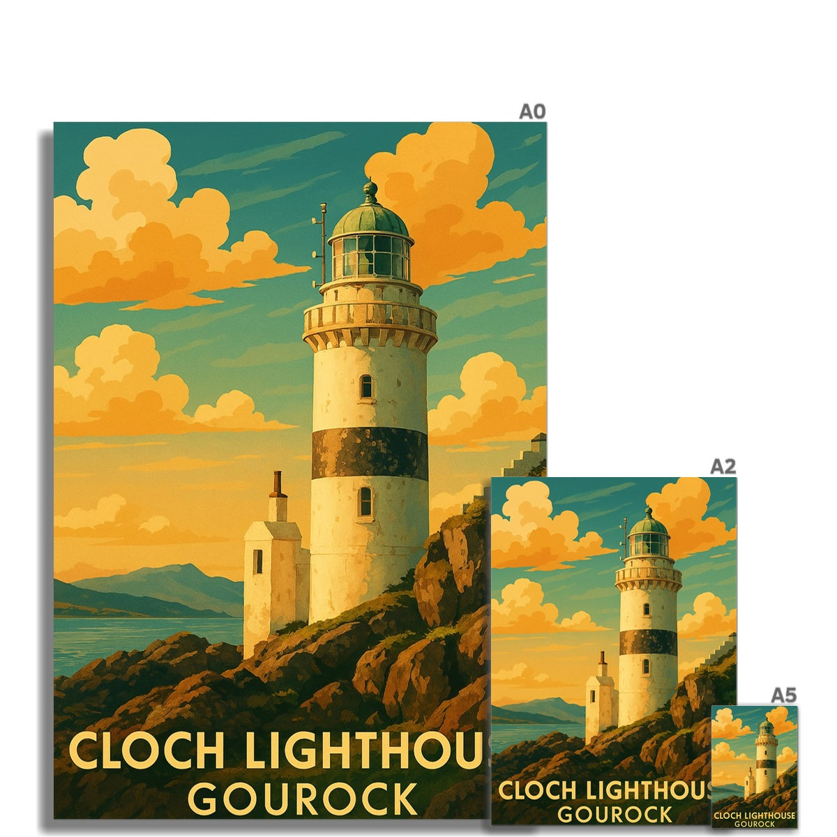 Vintage-style Cloch lighthouse Gourock fine art print featuring a white and black striped lighthouse against orange teal sky