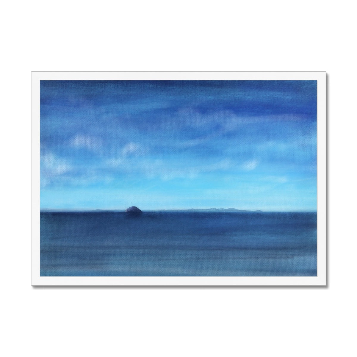 Ailsa Craig & Arran Painting | Framed Prints From Scotland-Framed Prints-Arran Art Gallery-A2 Landscape-White Frame-Paintings, Prints, Homeware, Art Gifts From Scotland By Scottish Artist Kevin Hunter