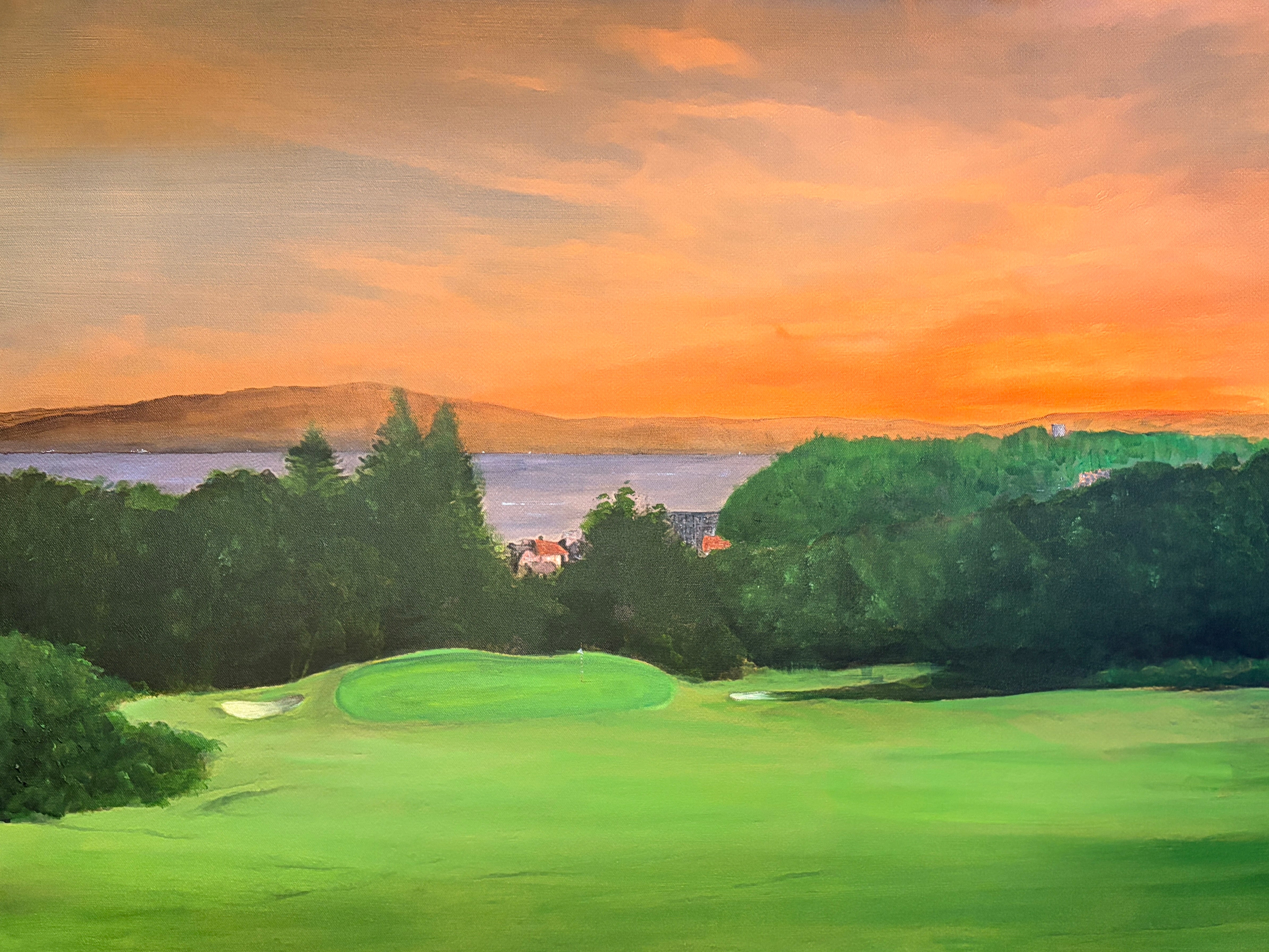Vibrant sunset over Gourock Golf Club Tower Hill putting green, Scottish wall art