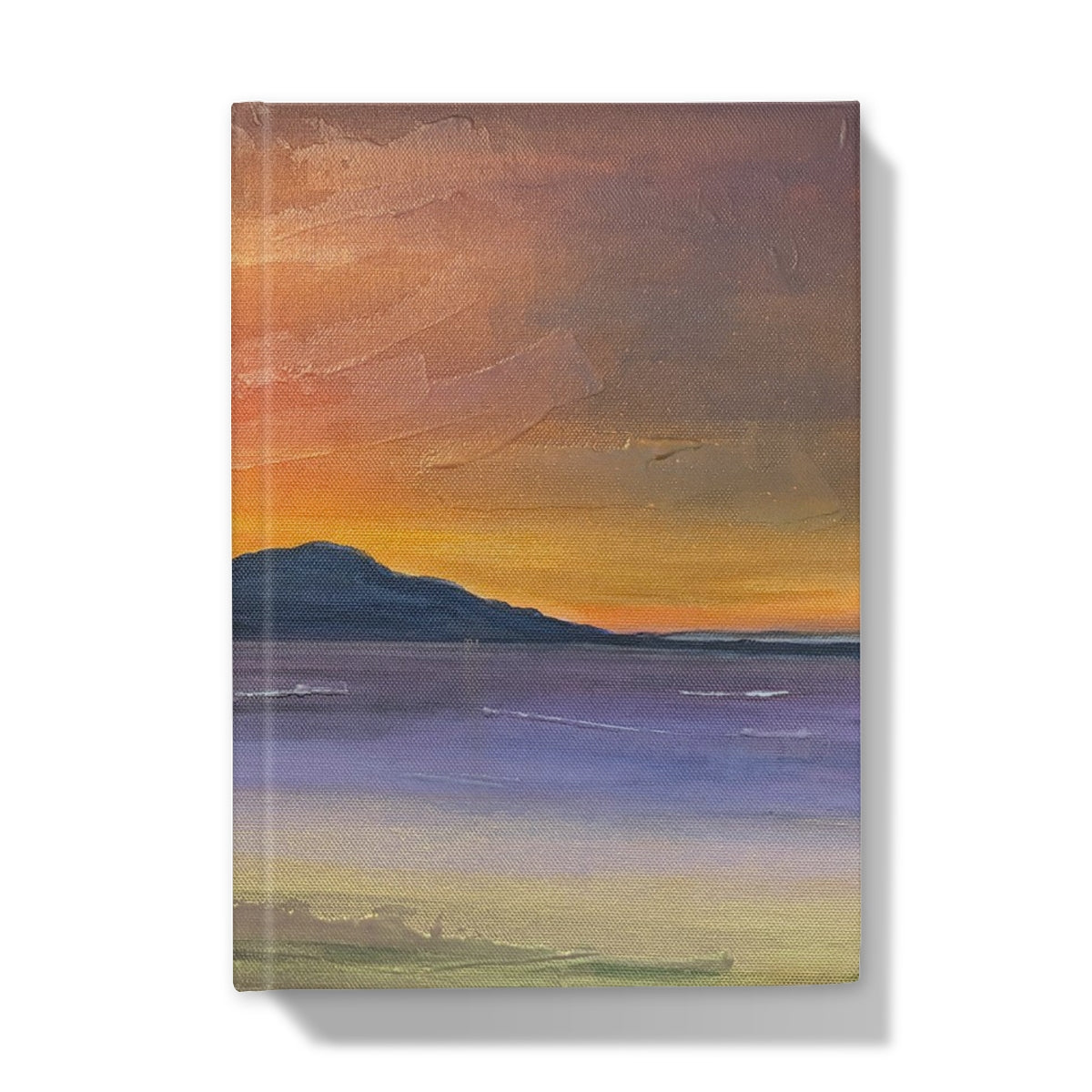 Arran embers hardback journal featuring a rectangular canvas cover with a painted sunset in orange yellow and purple hues