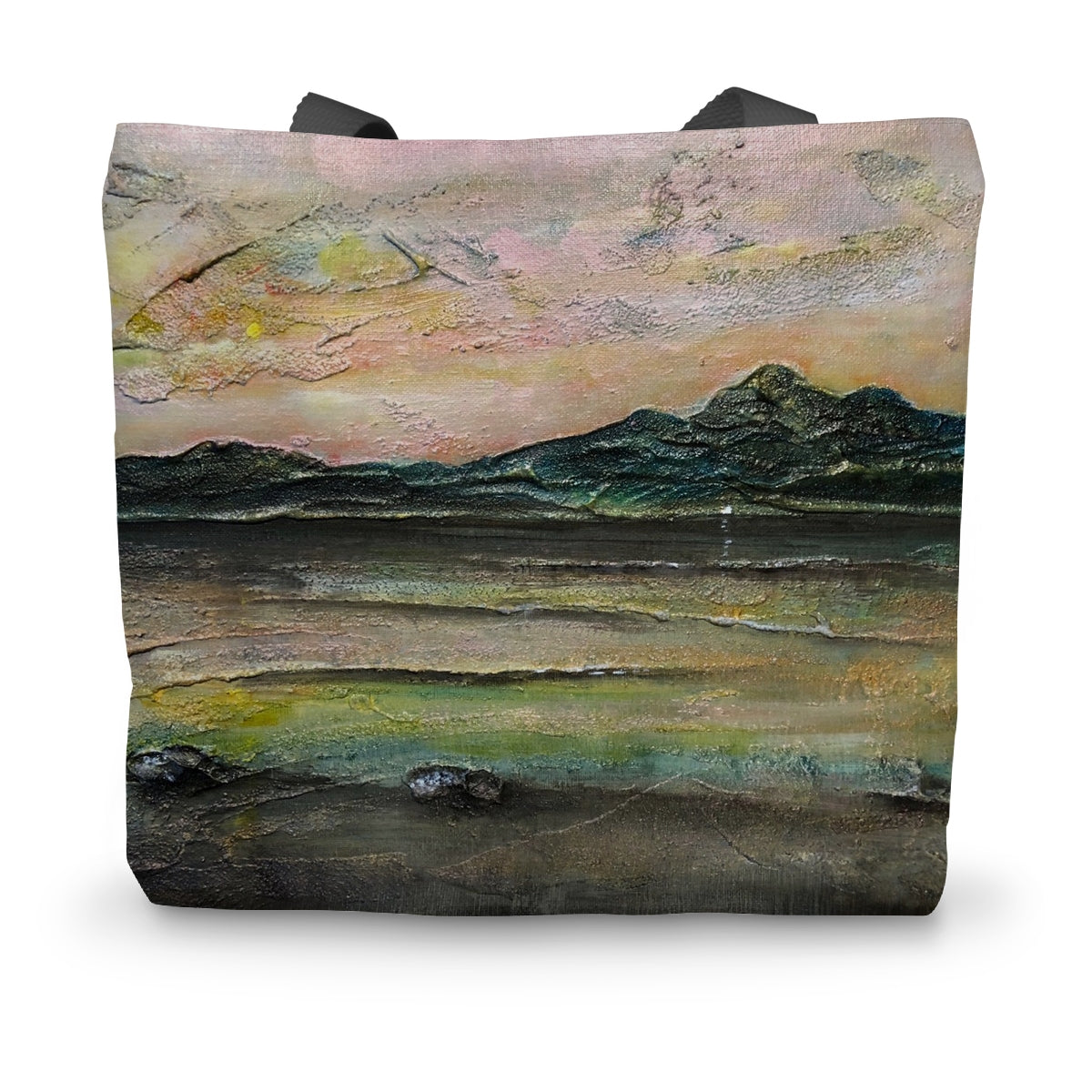 Textured Ethereal Loch Na Dal Skye canvas tote bag with painted landscape