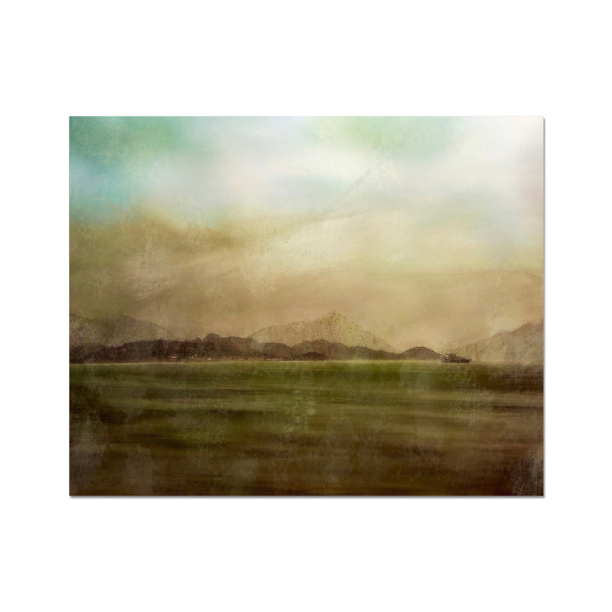 Mull Mist Artist Proof Print: Green Grassy Field with Distant Mountains and Cloudy Sky