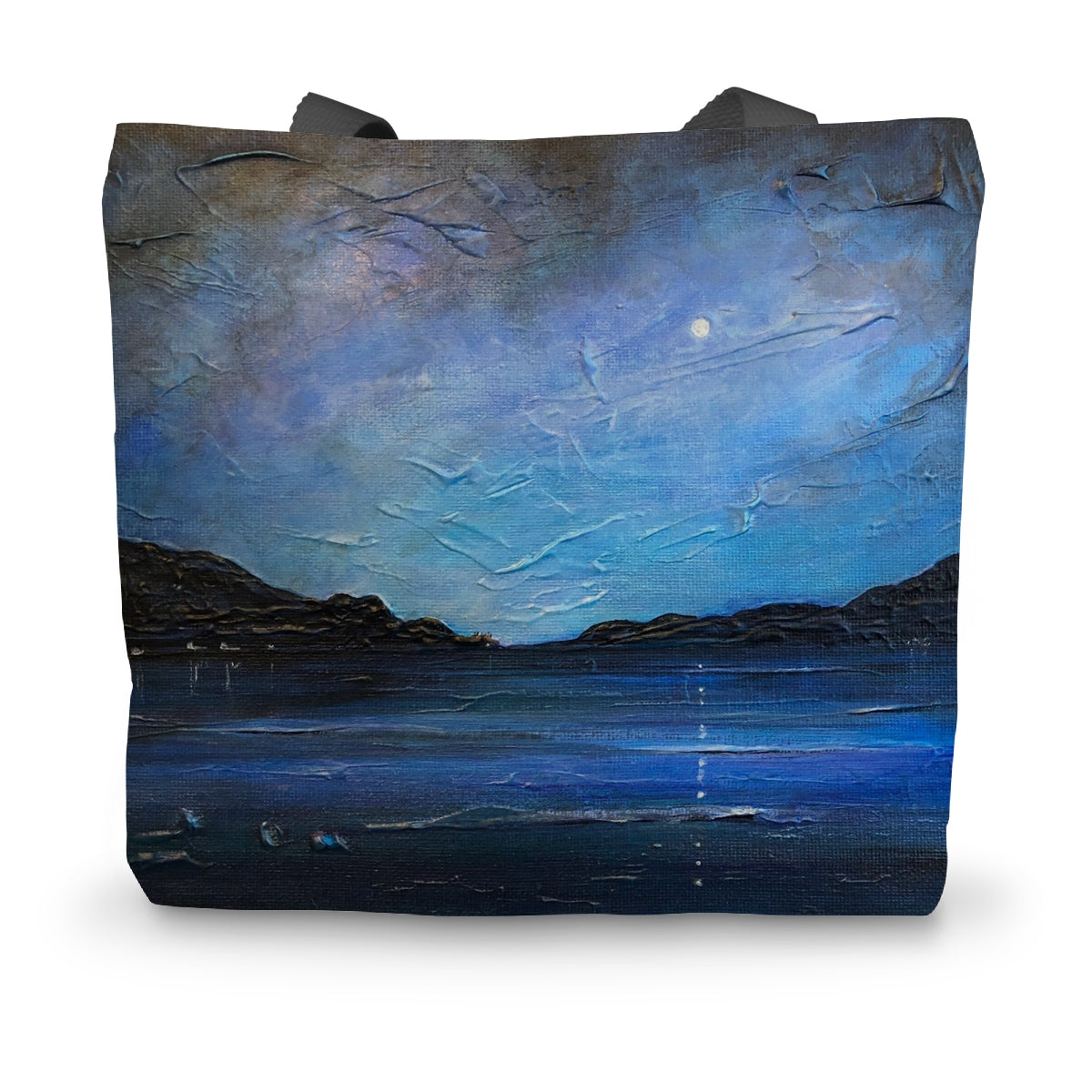 Blue textured Loch Ness Moonlight canvas tote bag with painted night sky