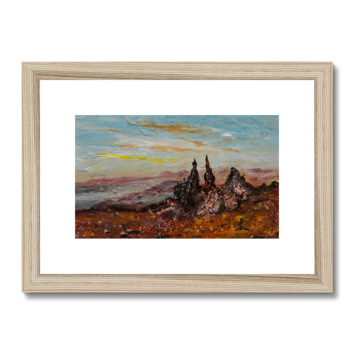 The Storr Skye Painting | Framed & Mounted Prints From Scotland-Framed & Mounted Prints-Skye Art Gallery-A4 Landscape-Natural Frame-Paintings, Prints, Homeware, Art Gifts From Scotland By Scottish Artist Kevin Hunter