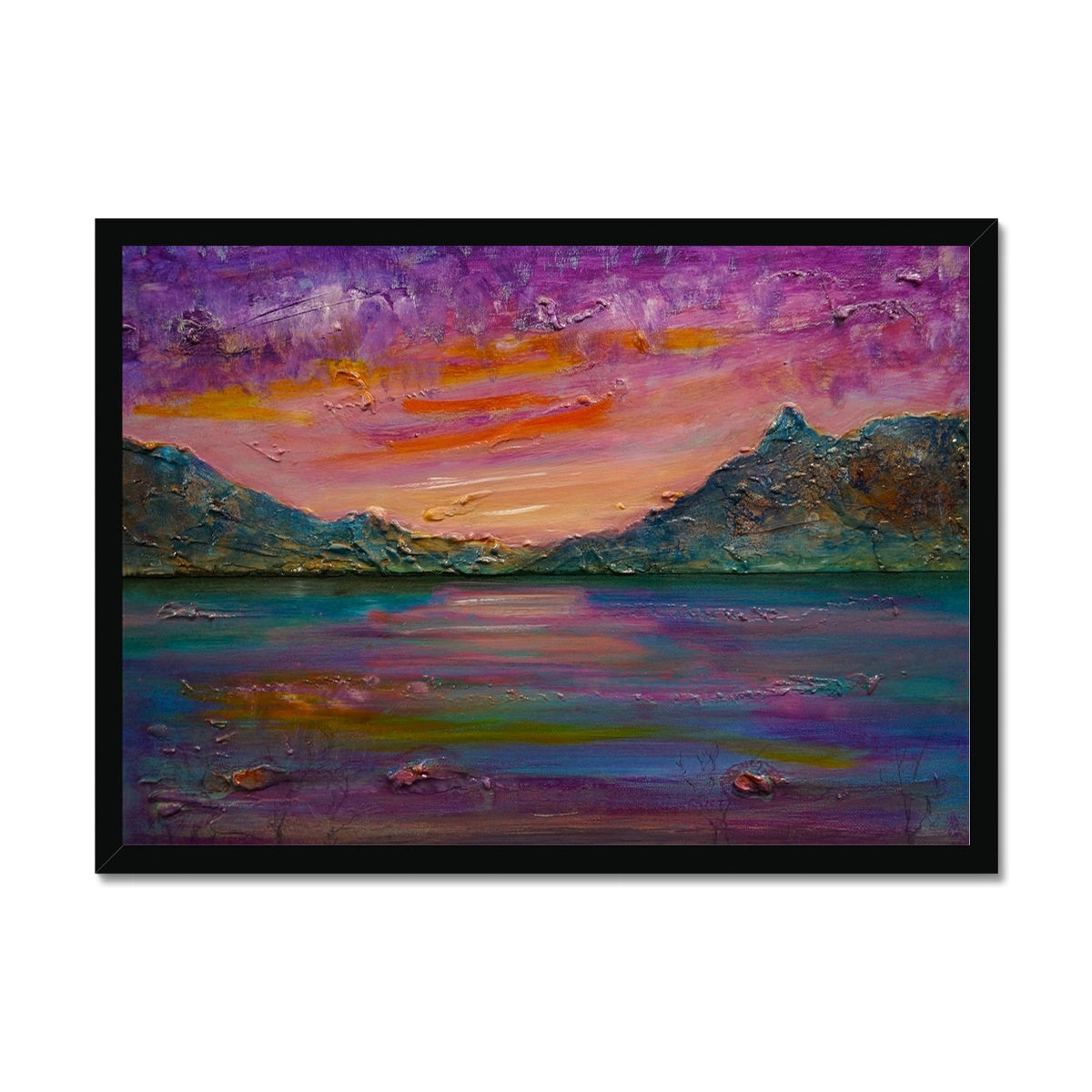 Loch Leven Sunset Painting | Framed Prints From Scotland-Framed Prints-Scottish Lochs & Mountains Art Gallery-A2 Landscape-Black Frame-Paintings, Prints, Homeware, Art Gifts From Scotland By Scottish Artist Kevin Hunter