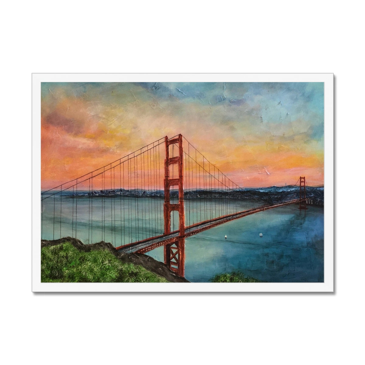 The Golden Gate Bridge Painting | Framed Prints From Scotland-Framed Prints-World Art Gallery-A2 Landscape-White Frame-Paintings, Prints, Homeware, Art Gifts From Scotland By Scottish Artist Kevin Hunter