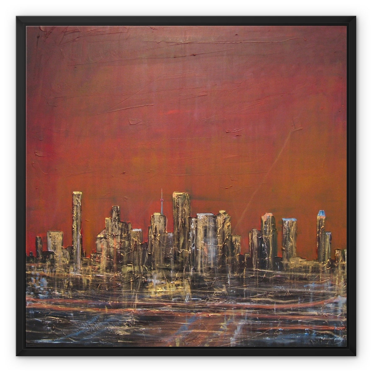 Houston Dusk Texas Painting | Framed Canvas From Scotland-Floating Framed Canvas Prints-World Art Gallery-24"x24"-Black Frame-Paintings, Prints, Homeware, Art Gifts From Scotland By Scottish Artist Kevin Hunter