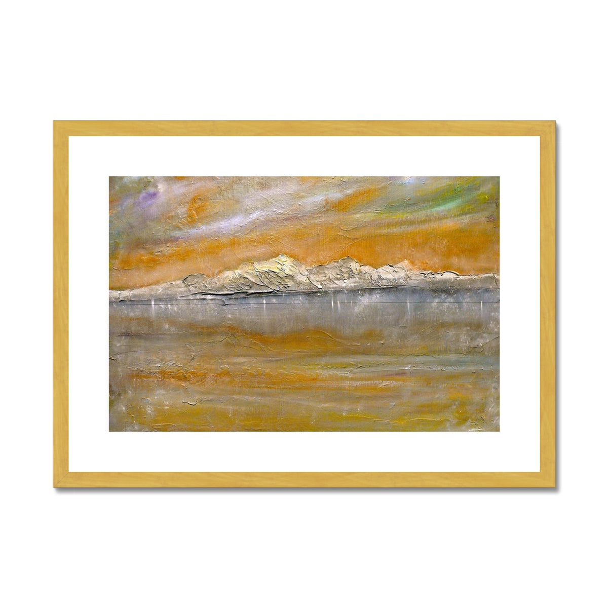 Arran Snow Painting | Antique Framed & Mounted Prints From Scotland-Antique Framed & Mounted Prints-Arran Art Gallery-A2 Landscape-Gold Frame-Paintings, Prints, Homeware, Art Gifts From Scotland By Scottish Artist Kevin Hunter