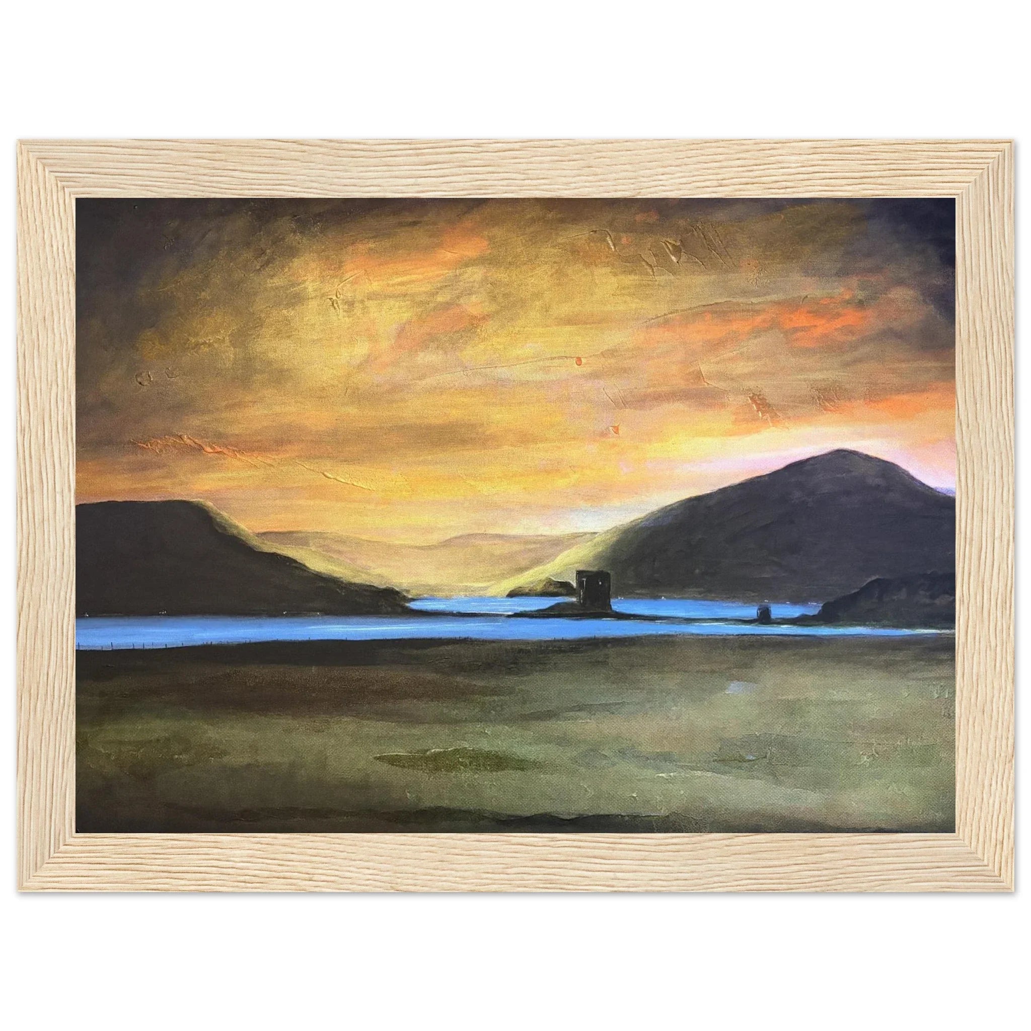 Castle Stalker Glow framed sunset painting over Scottish water and mountains
