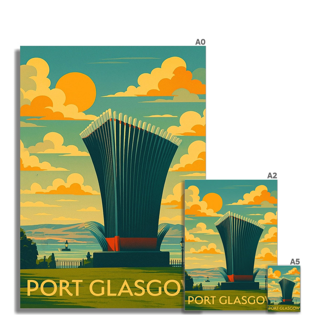 A vibrant retro-style fine art print of port glasgow tower in teal and orange with bold yellow lettering